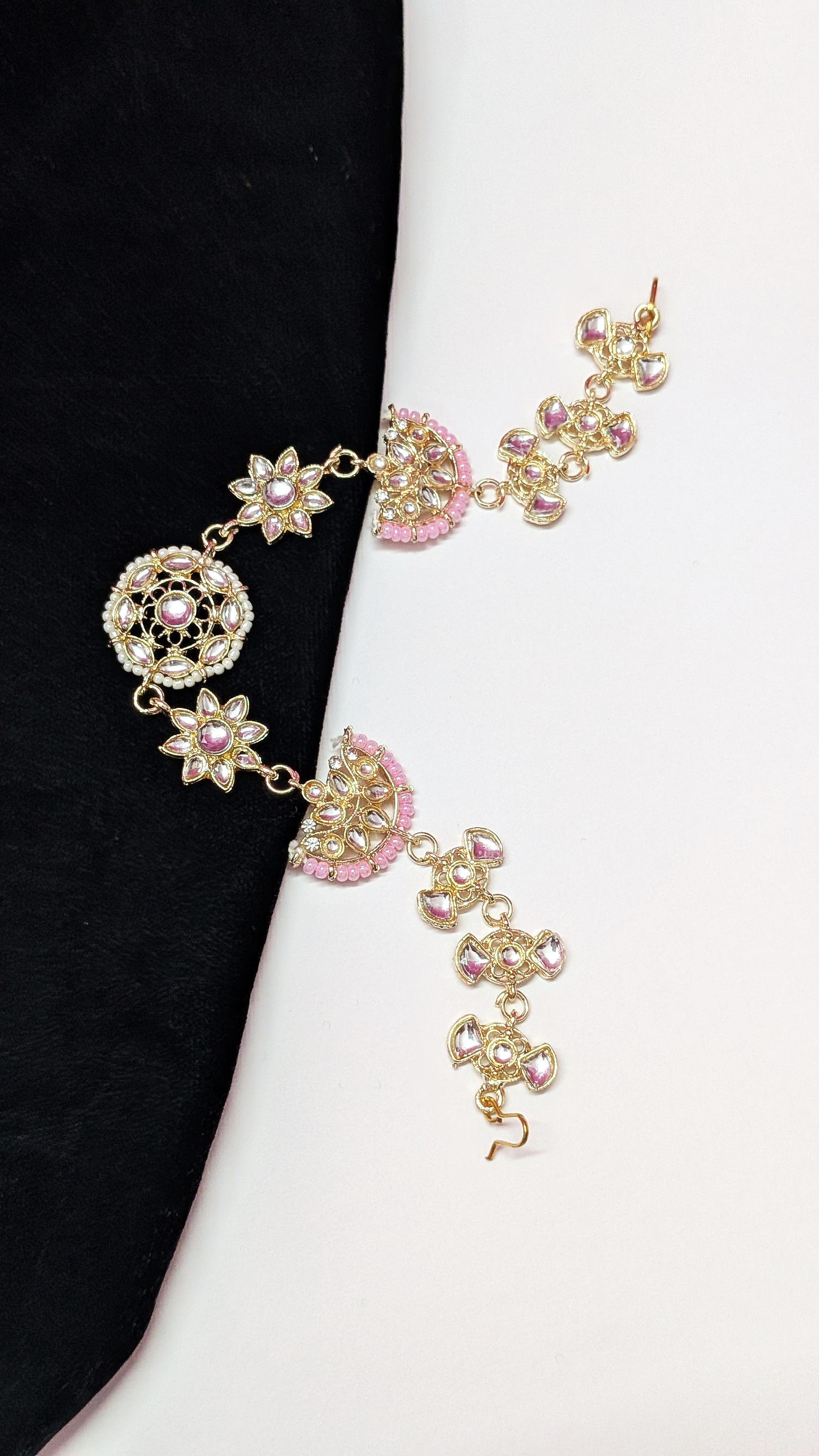 Golden Kundan Matha Patti with Pink Beads – Bridal Hair Jewelry for Women