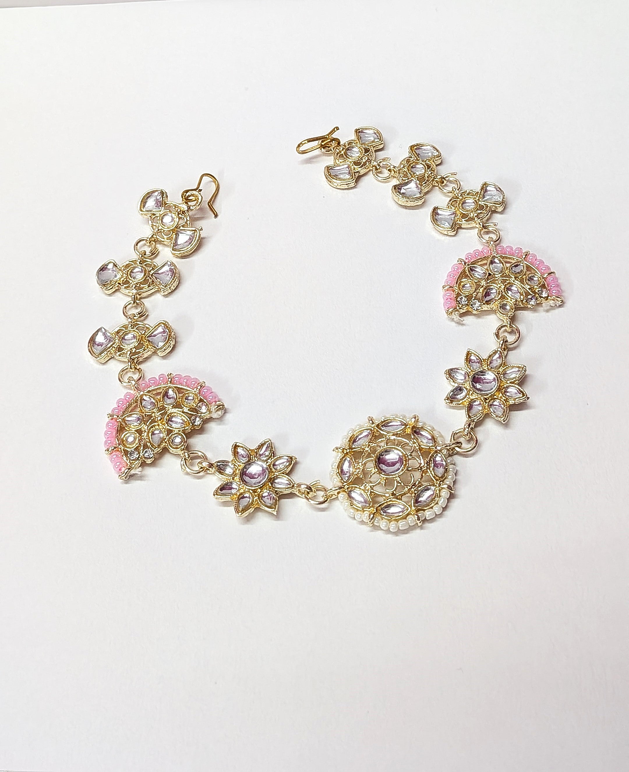 Golden Kundan Matha Patti with Pink Beads – Bridal Hair Jewelry for Women