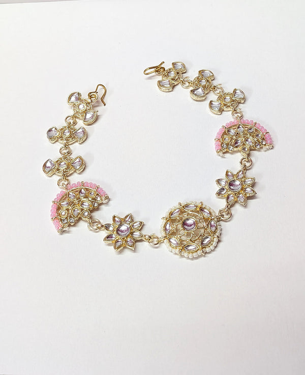 Golden Kundan Matha Patti with Pink Beads