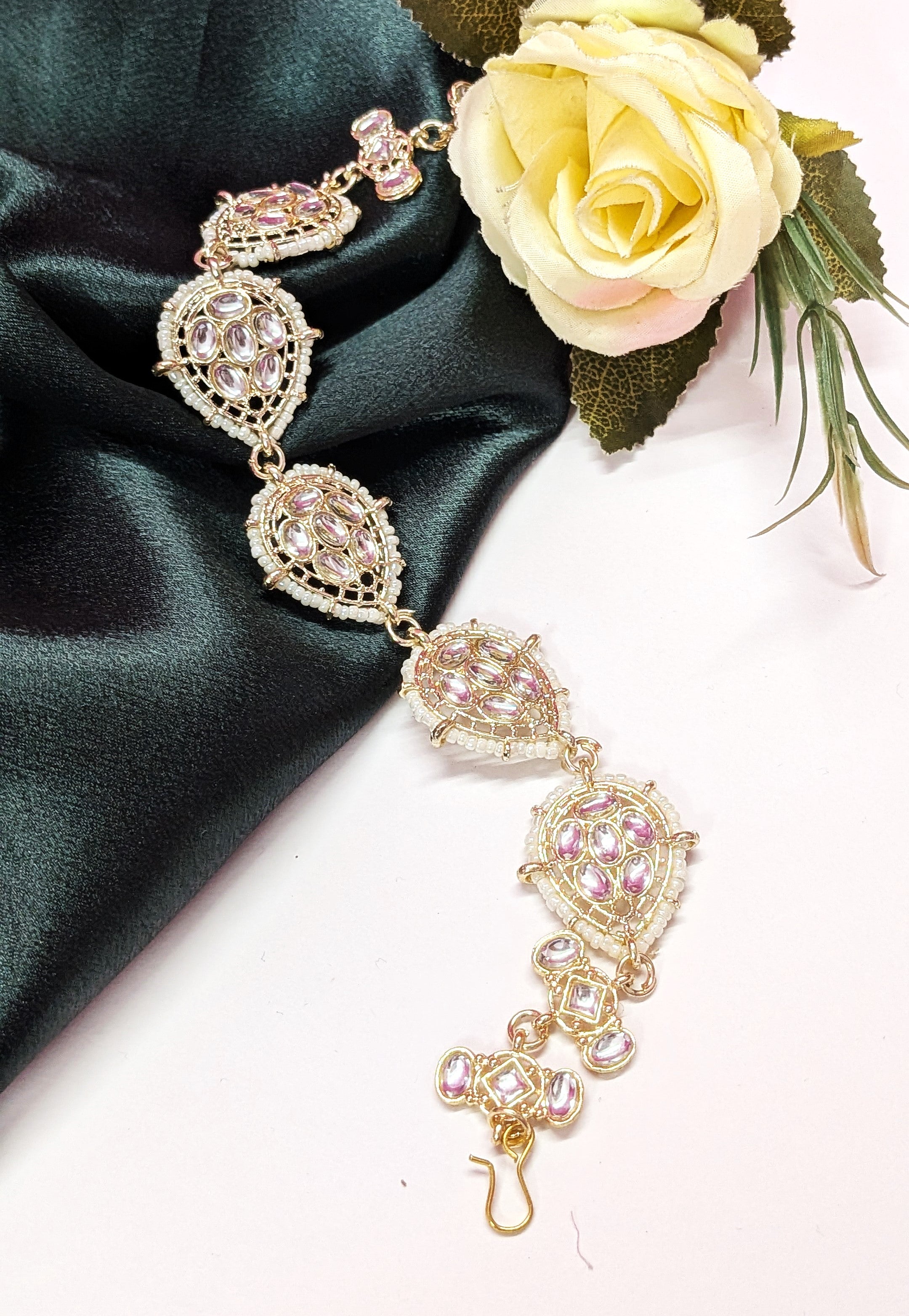 White Pearl & Stone Mattha Patti – Ethnic Bridal Hair Accessory for Women