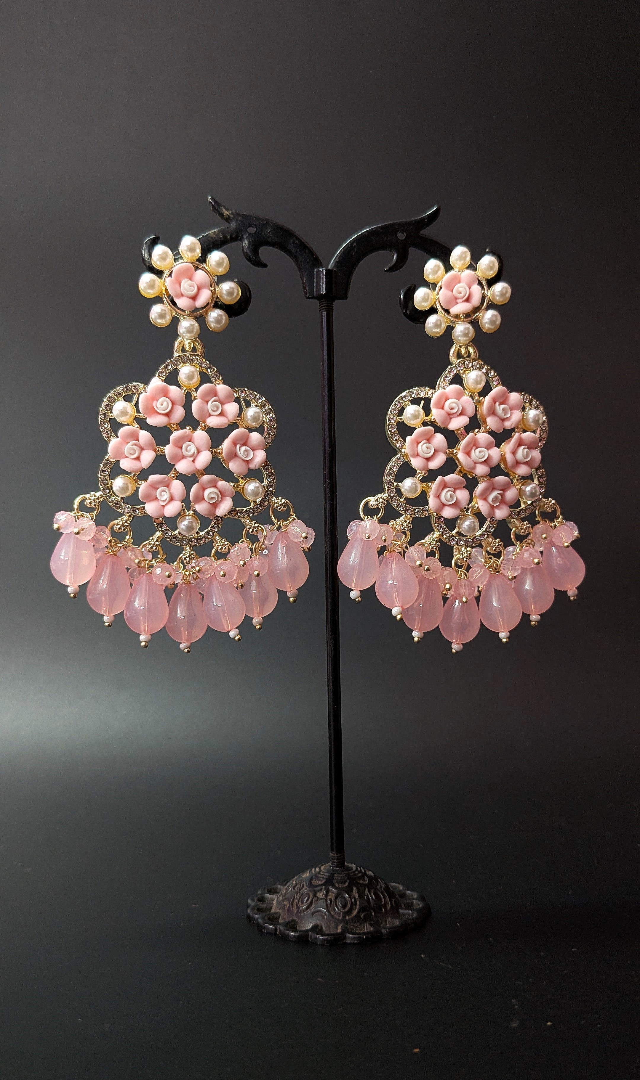 Blush Bloom Jhumka – PINK Floral Elegance with Pearly Grace