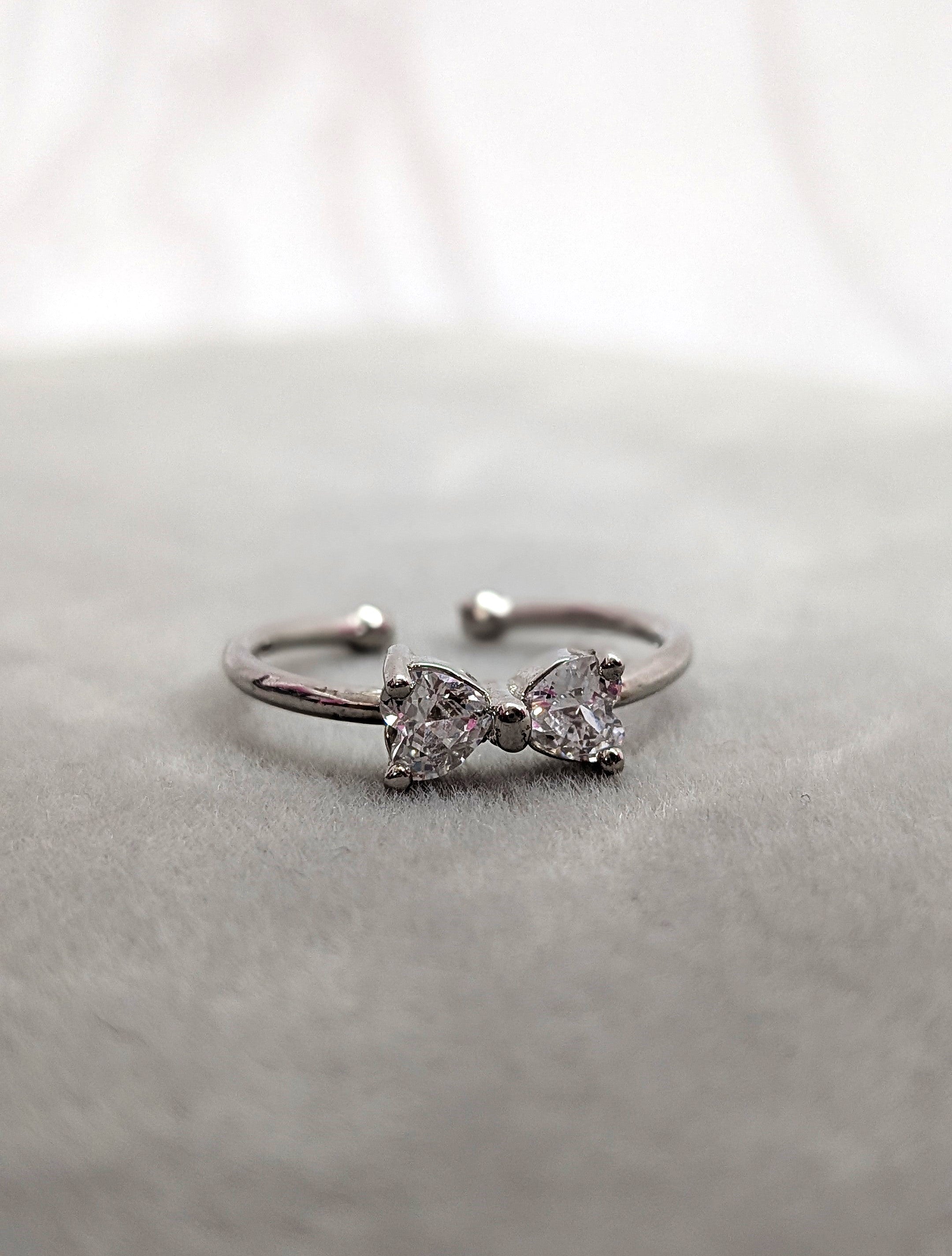 Radiant Crystal Bow Silver Adjustable Ring with Dainty