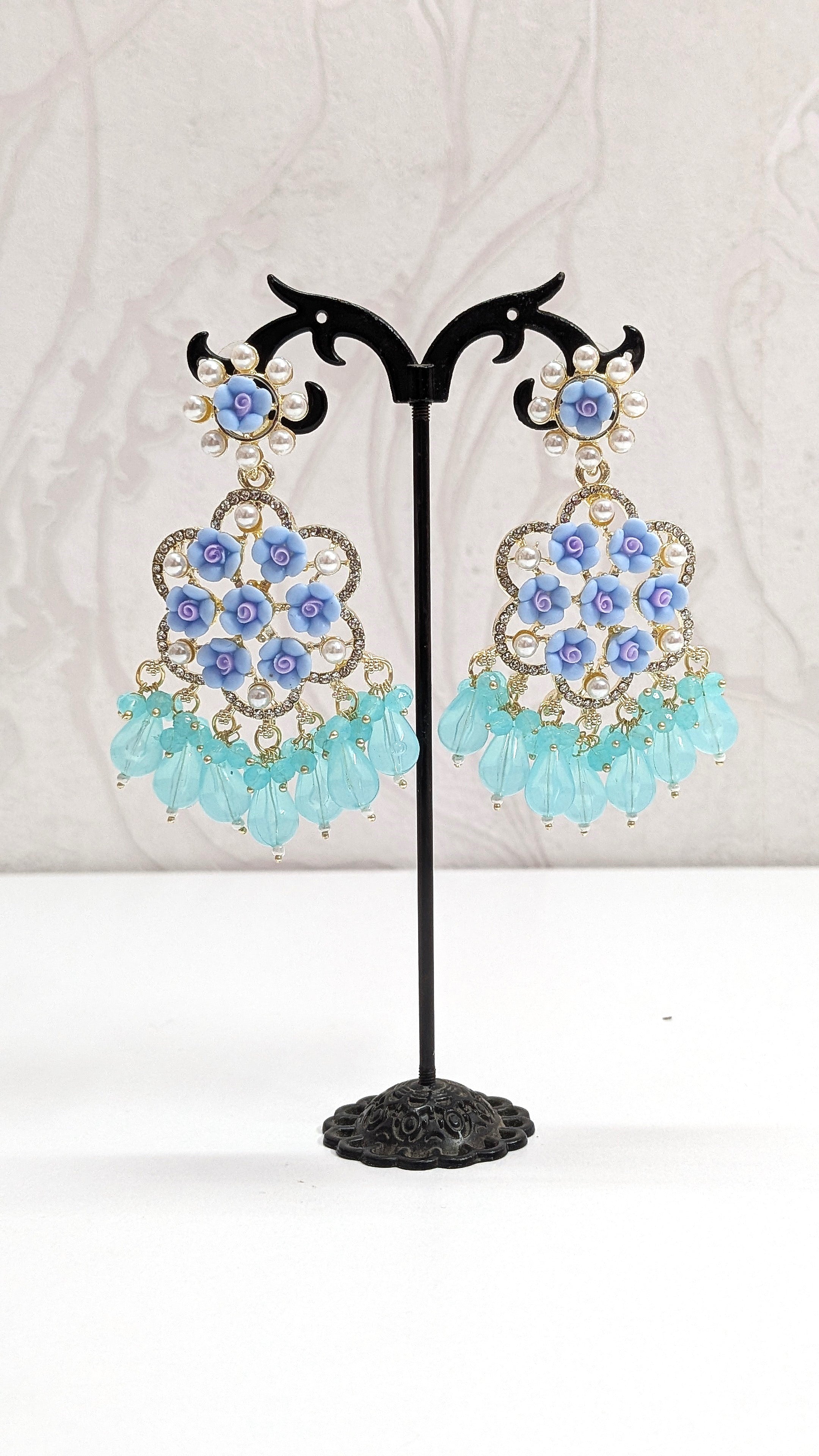 Floral Sea blue Long Dangler Designer Earrings
