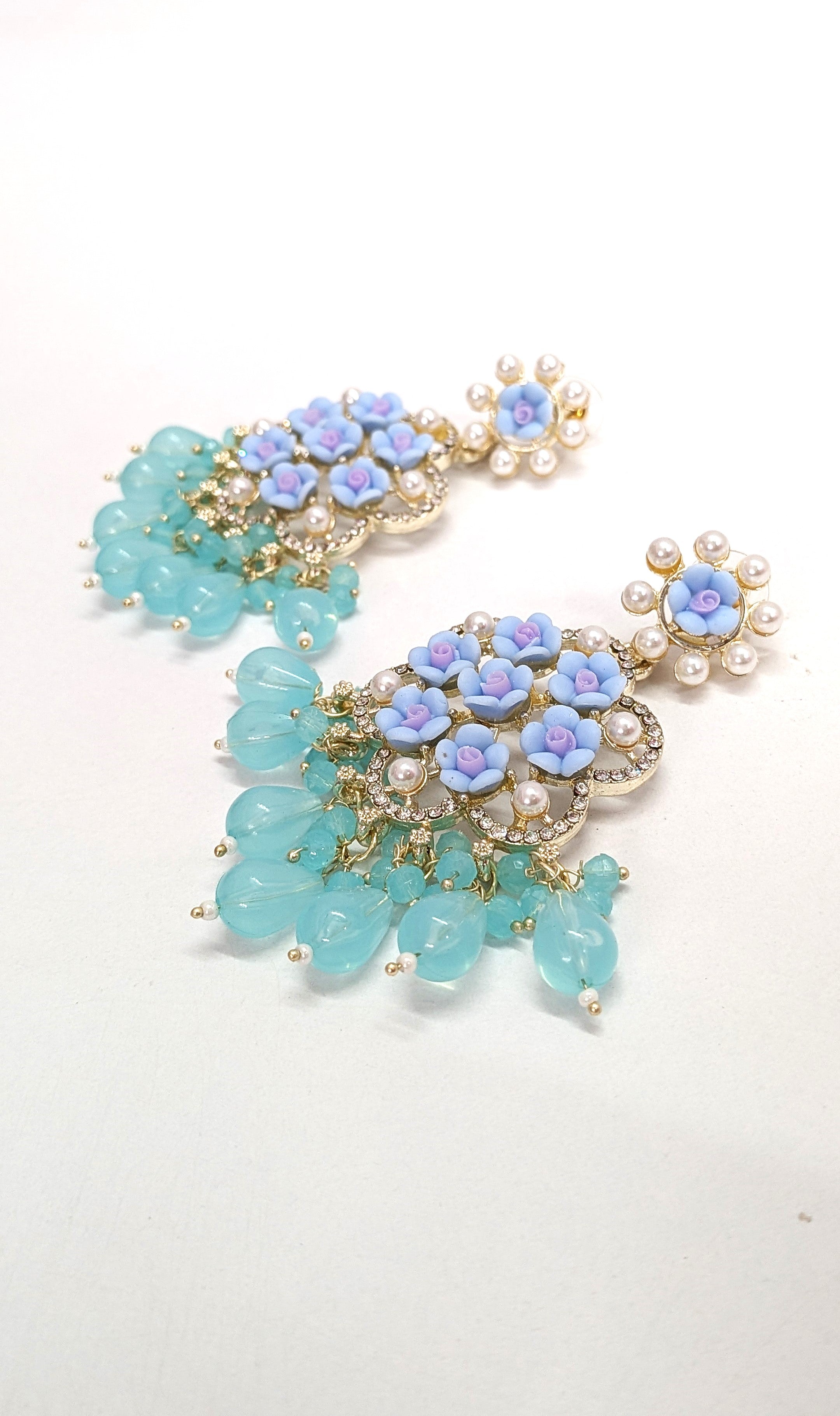 Floral Sea blue Long Dangler Designer Earrings