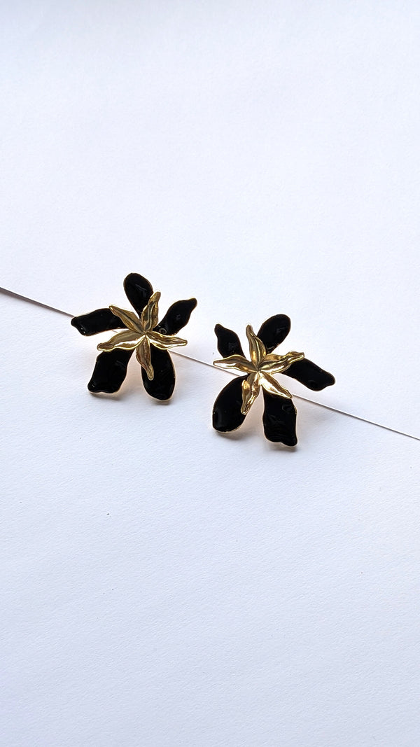 Black Orchid Enamel Flower Earrings