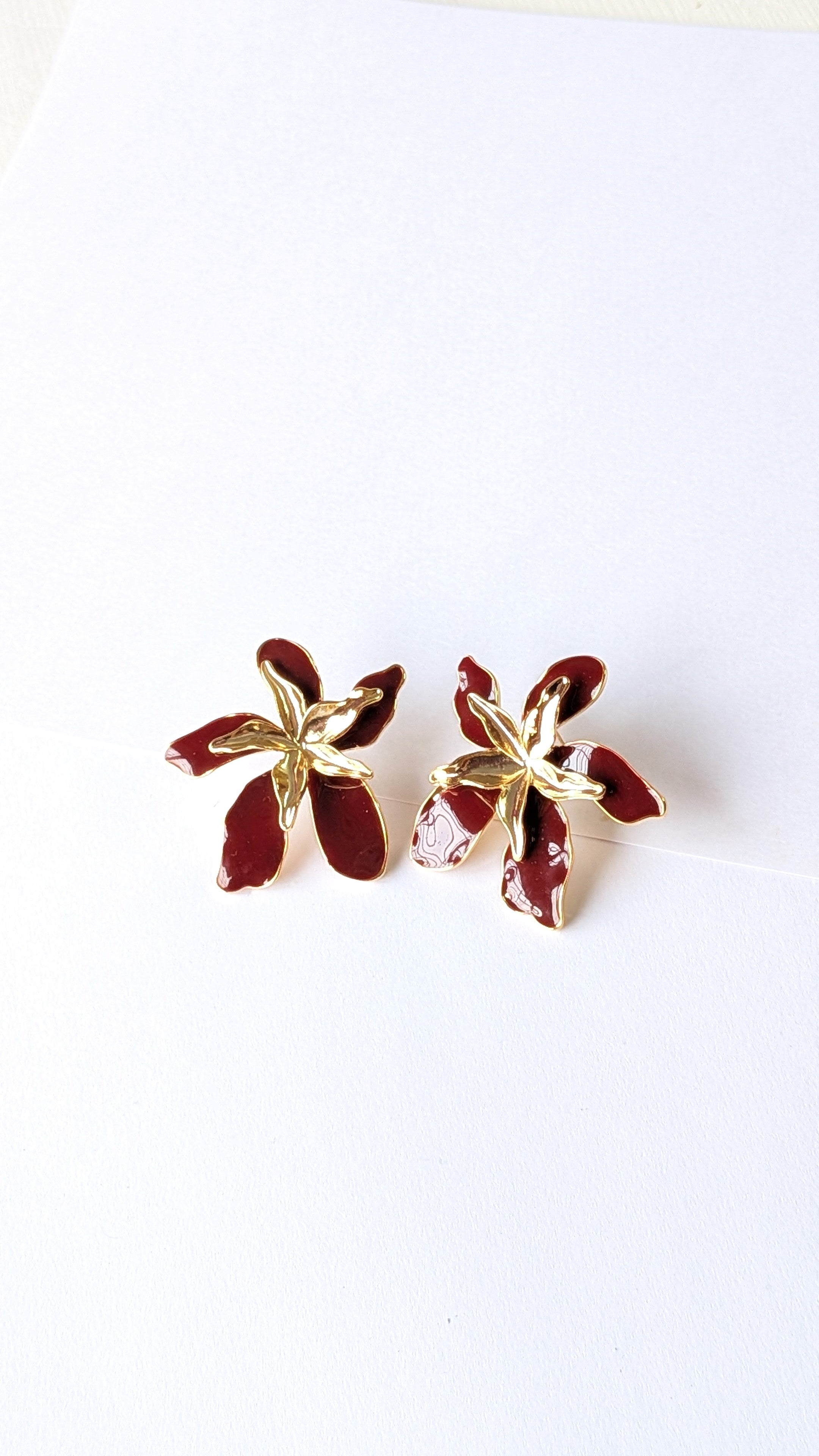 Maroon Orchid Enamel Flower Earrings – Bold Floral Studs for Women