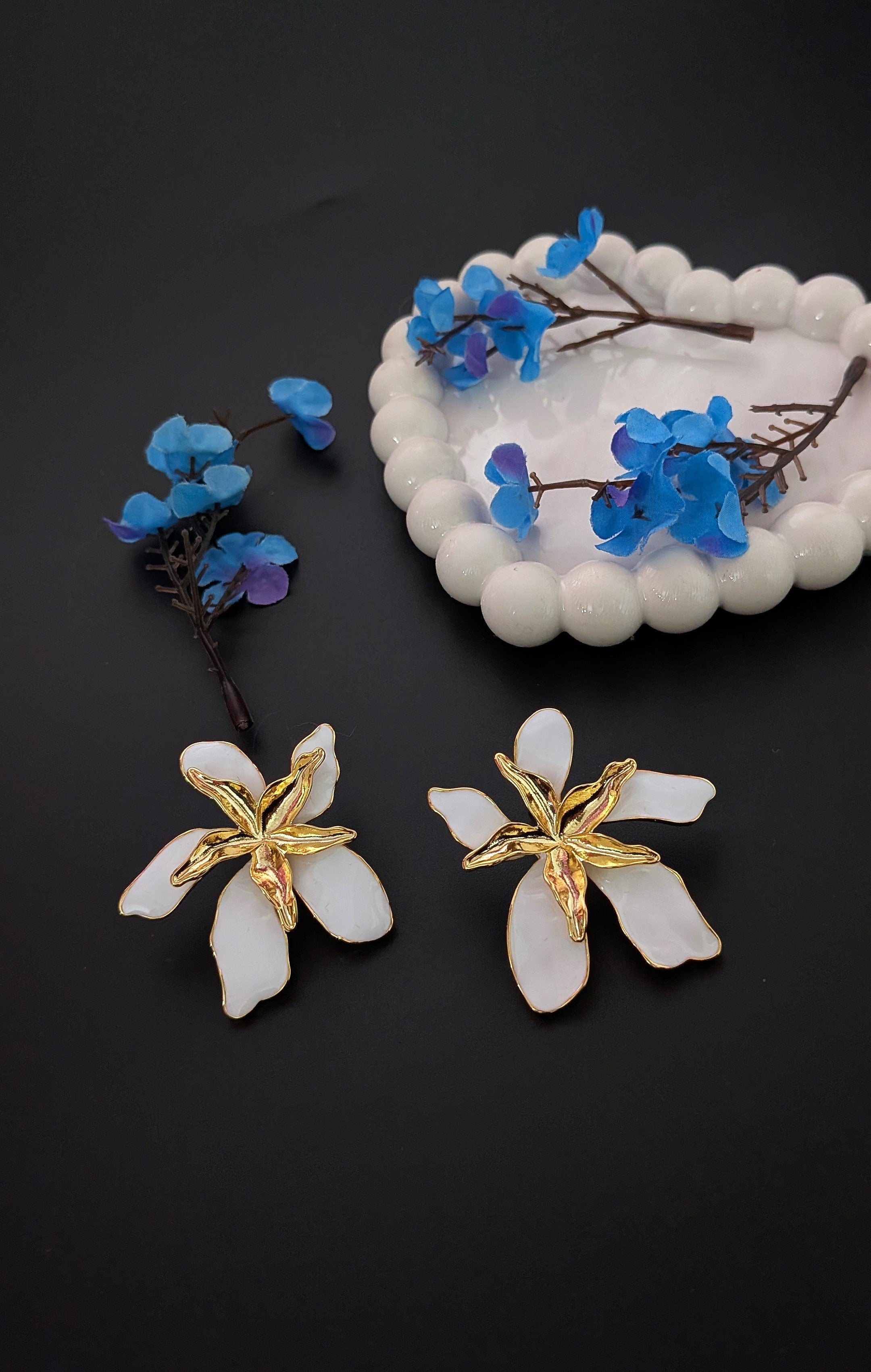 White Orchid Enamel Flower Earrings – Elegant Floral Studs