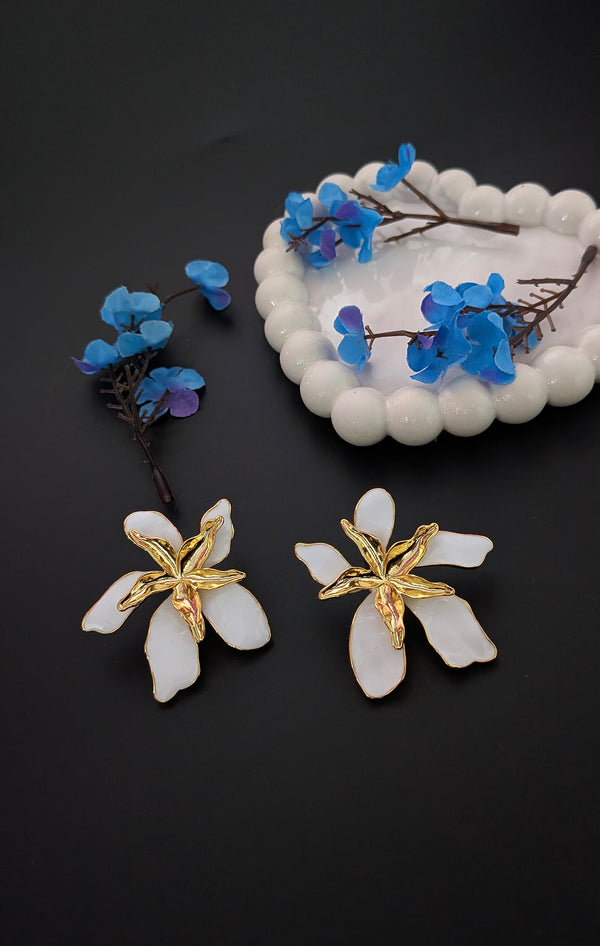 White Orchid Enamel Flower Earrings – Elegant Floral Studs