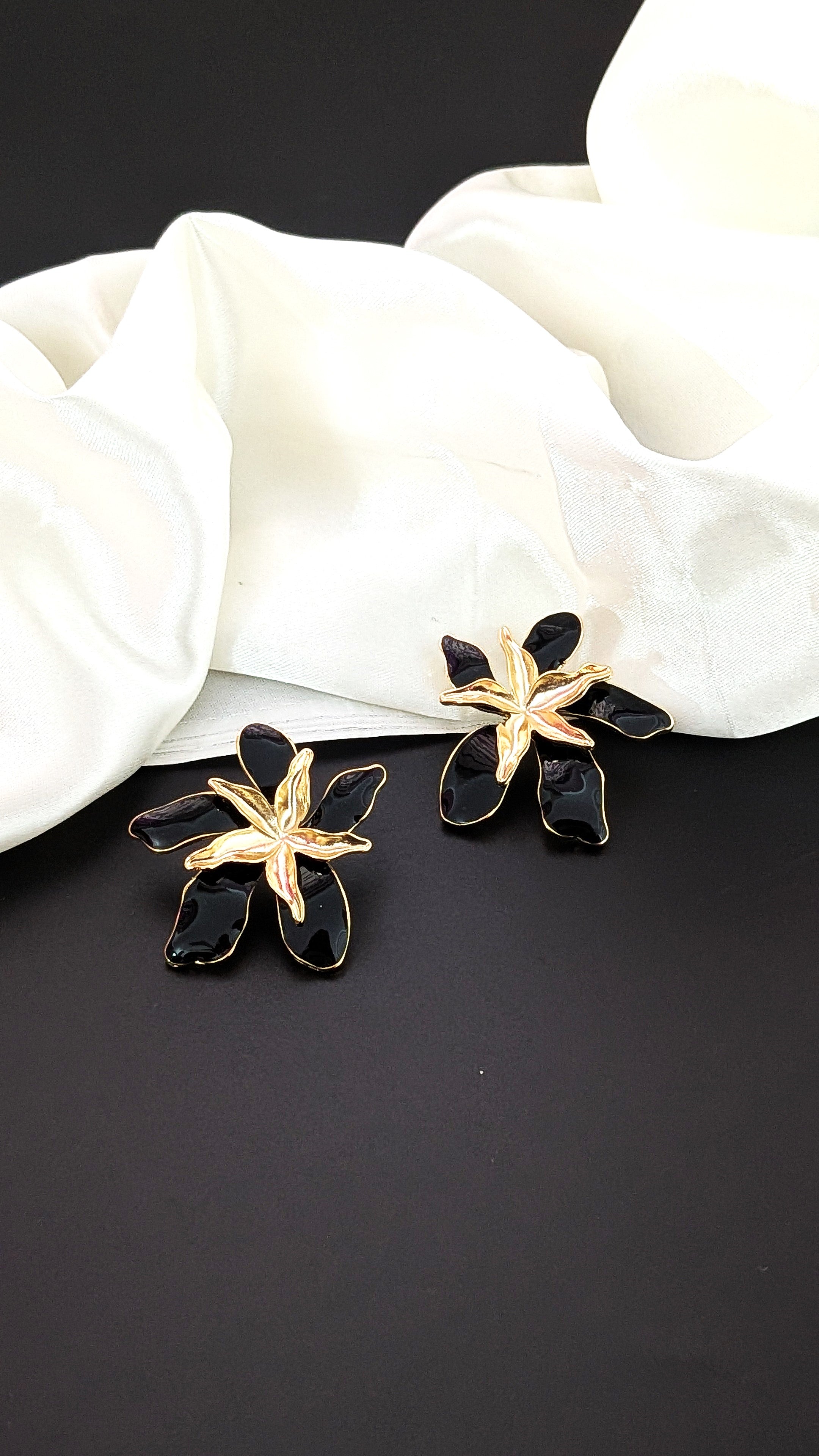 Black Orchid Enamel Flower Earrings – Elegant Floral Studs for Women