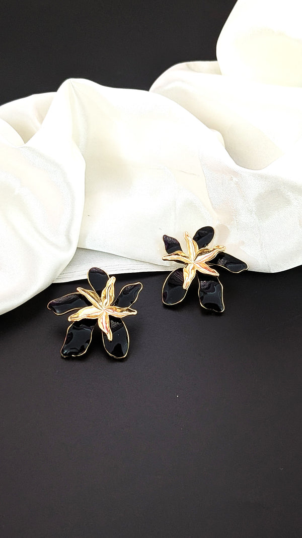 Black Orchid Enamel Flower Earrings