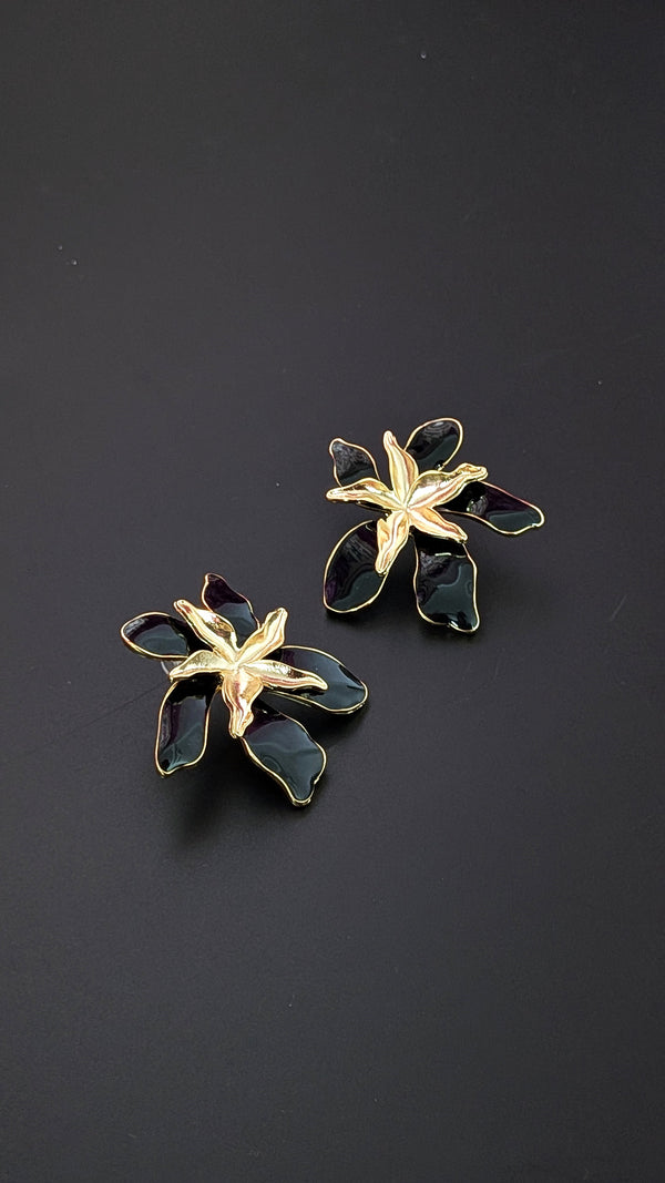 Black Orchid Enamel Flower Earrings
