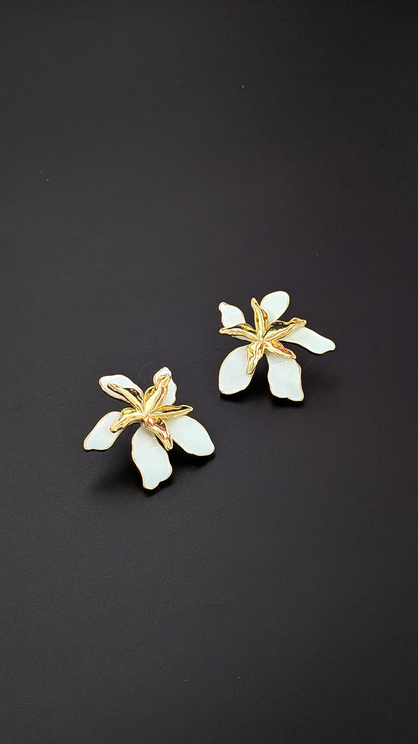 White Orchid Enamel Flower Earrings – Elegant Floral Studs