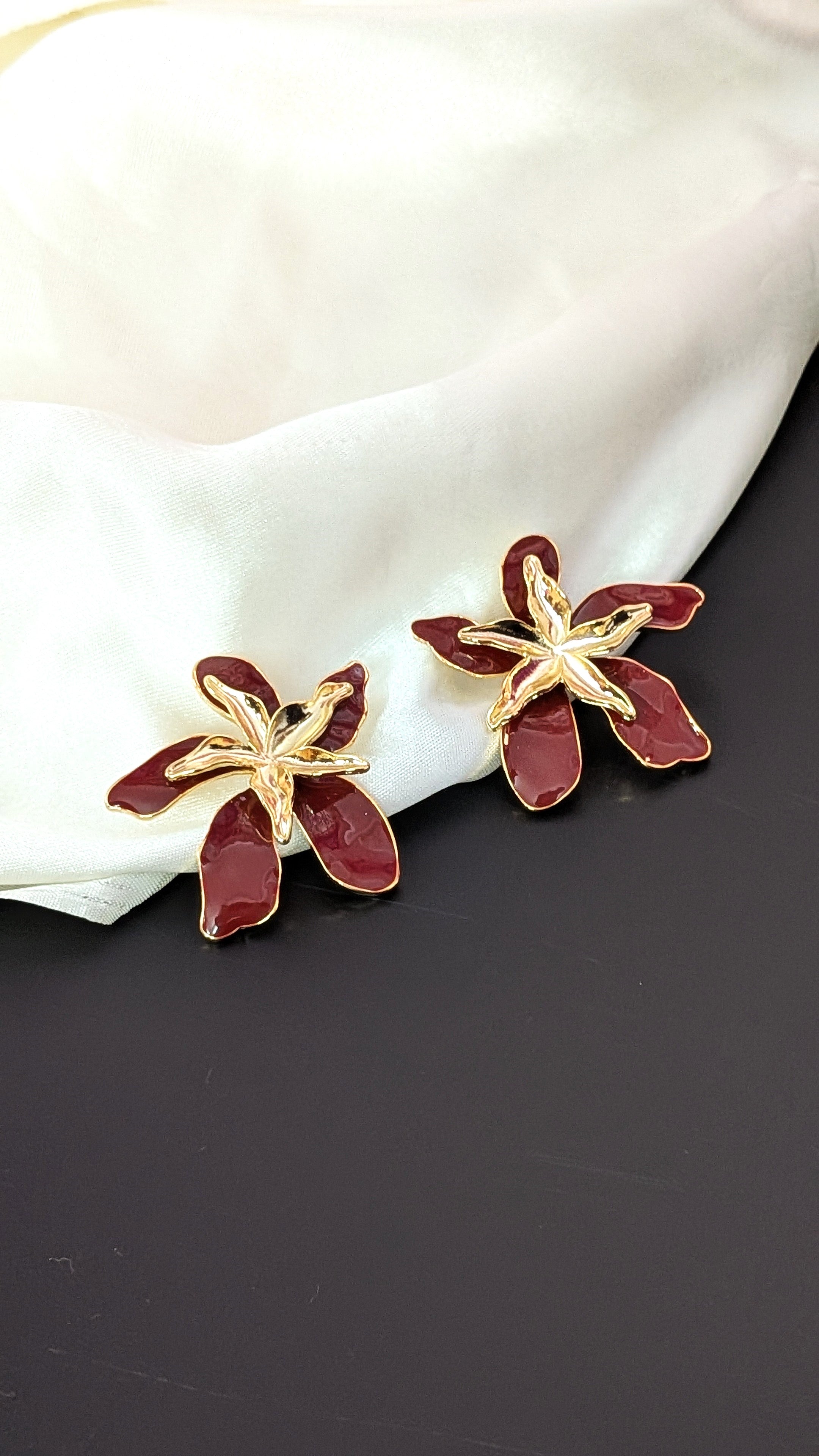 Maroon Orchid Enamel Flower Earrings – Bold Floral Studs for Women