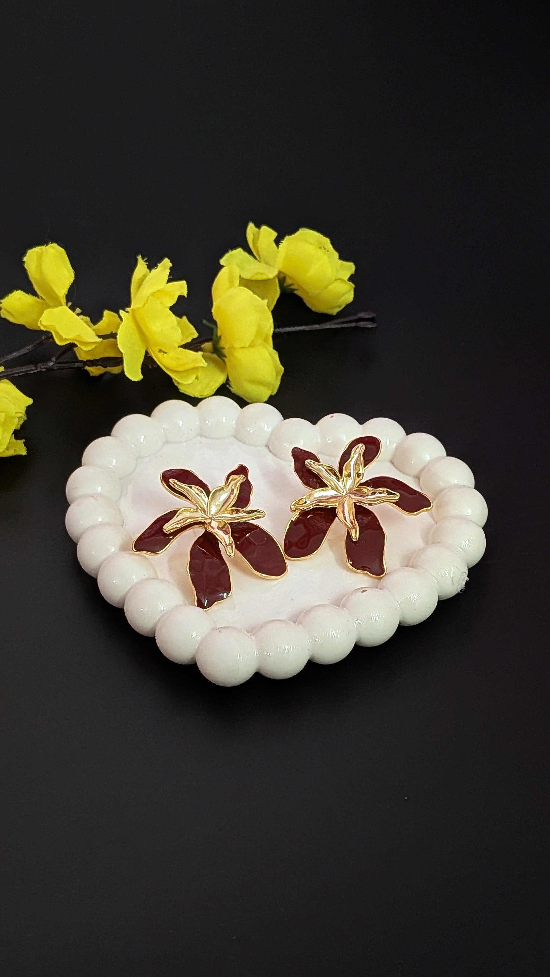 Maroon Orchid Enamel Flower Earrings – Bold Floral Studs for Women