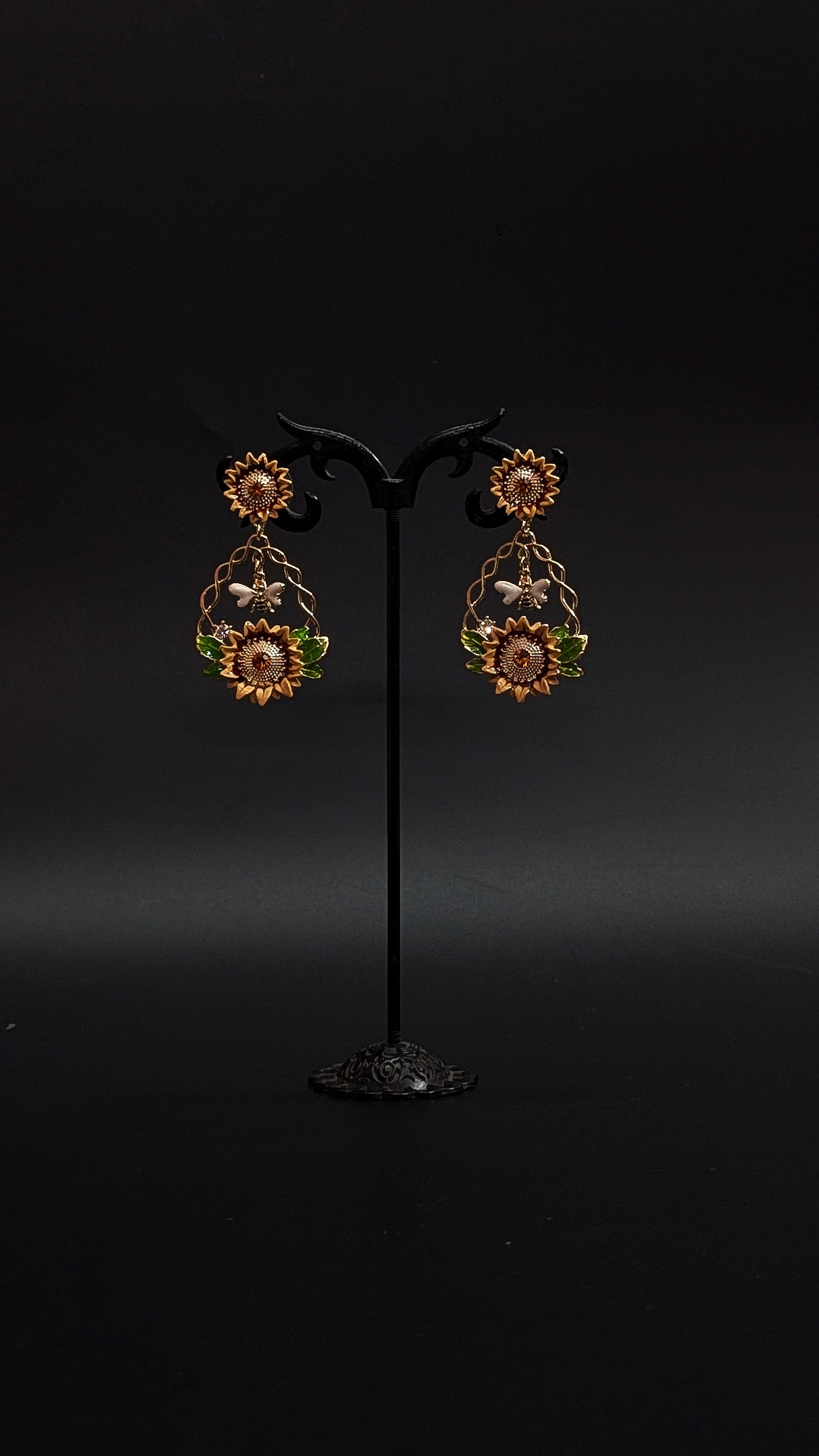 Sunflower Drop Earrings with Bee & Green Leaf