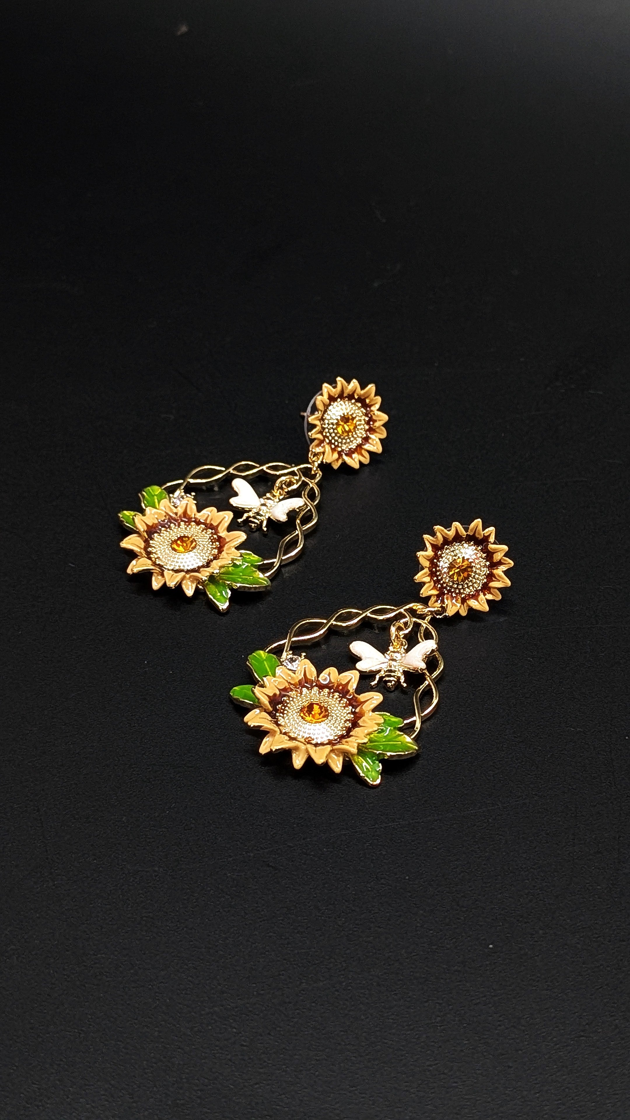 Sunflower Drop Earrings with Bee & Green Leaf