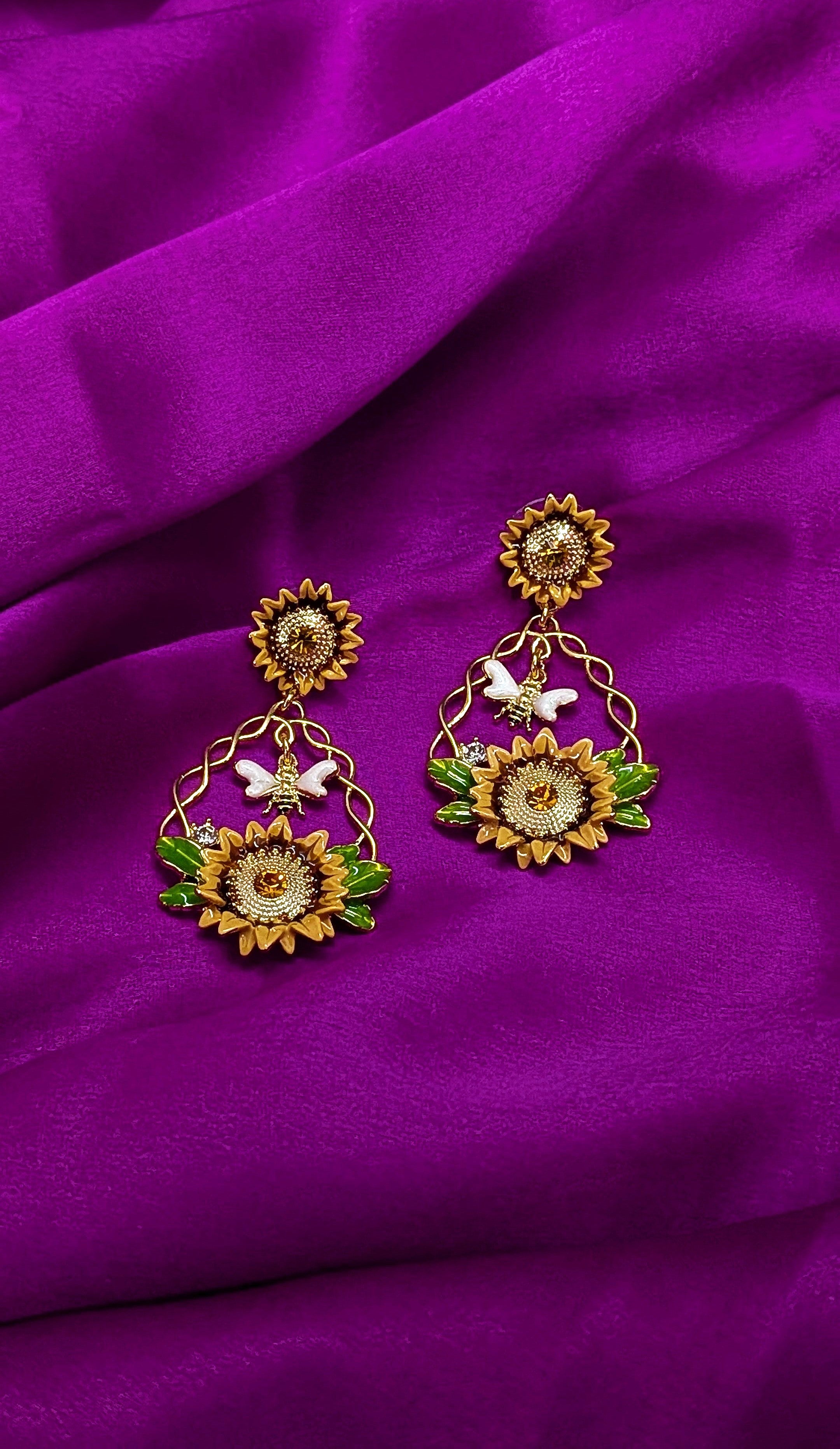 Sunflower Drop Earrings with Bee & Green Leaf