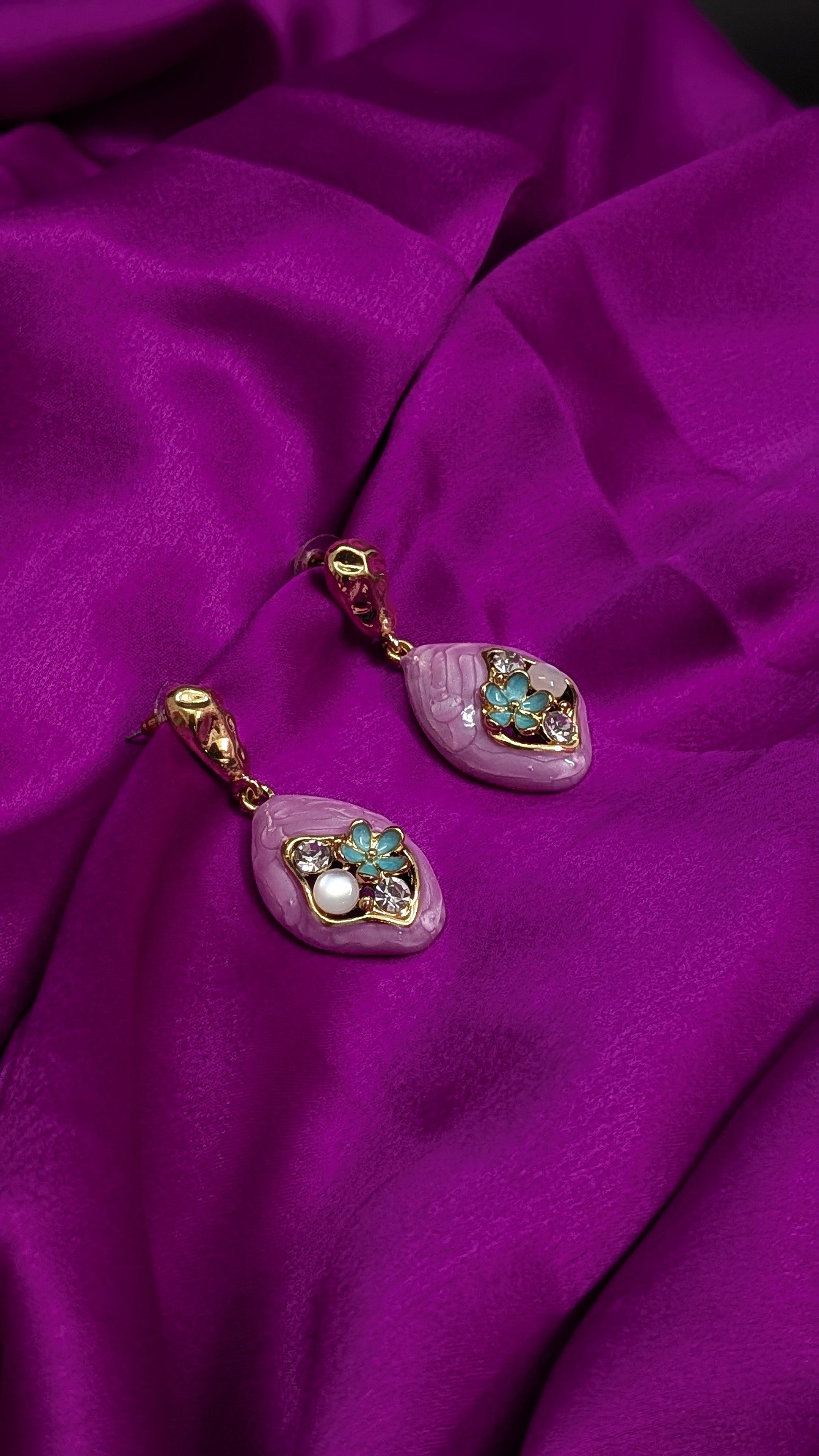 Lavender Textured Drop Earrings with Crystal & Pearl Accents