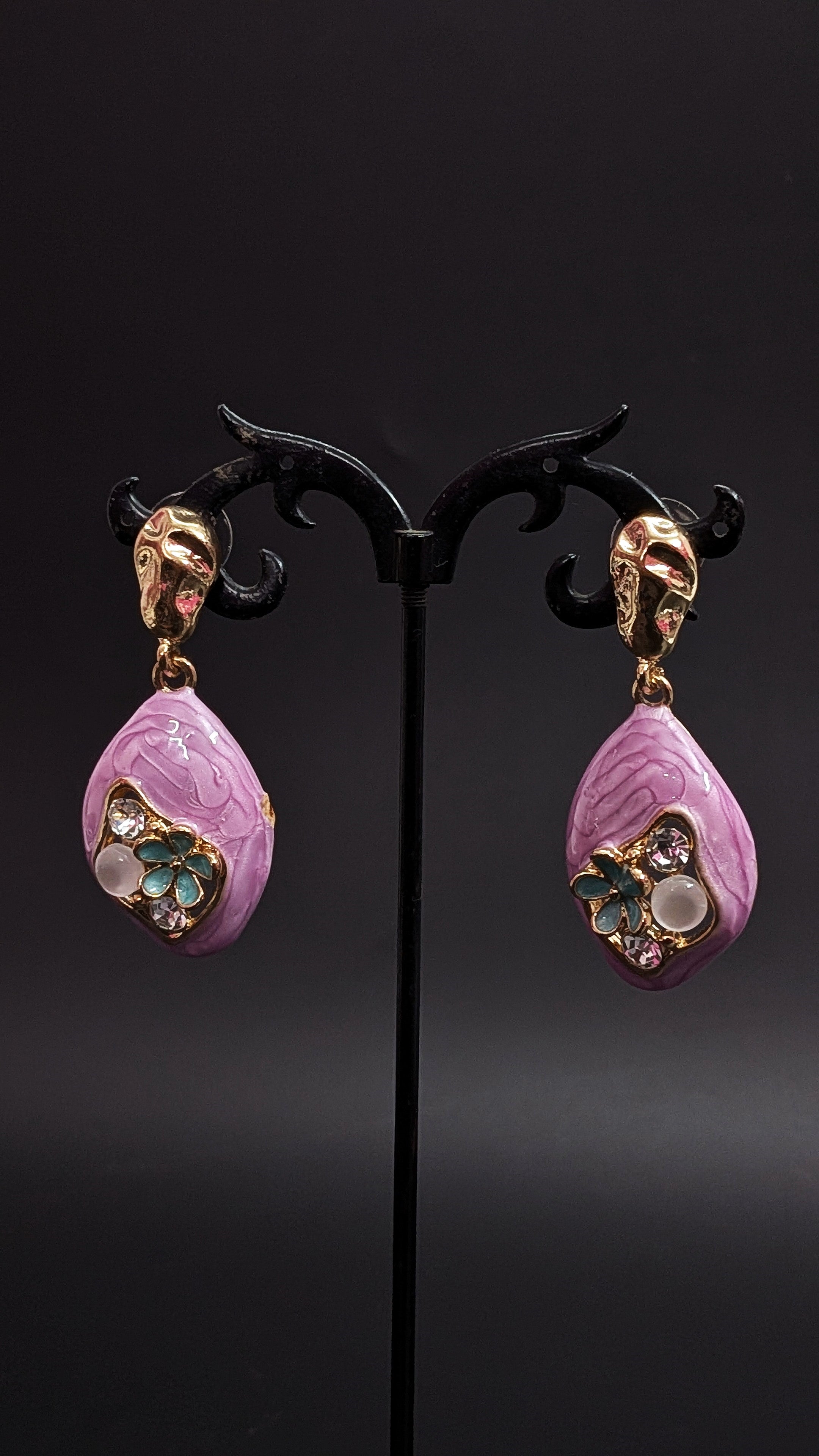 Lavender Textured Drop Earrings with Crystal & Pearl Accents