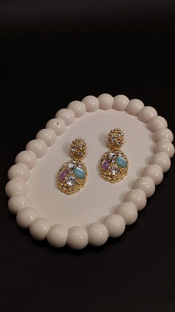 Multicolor Stone-Studded Oval Drop Earrings – Golden Finish