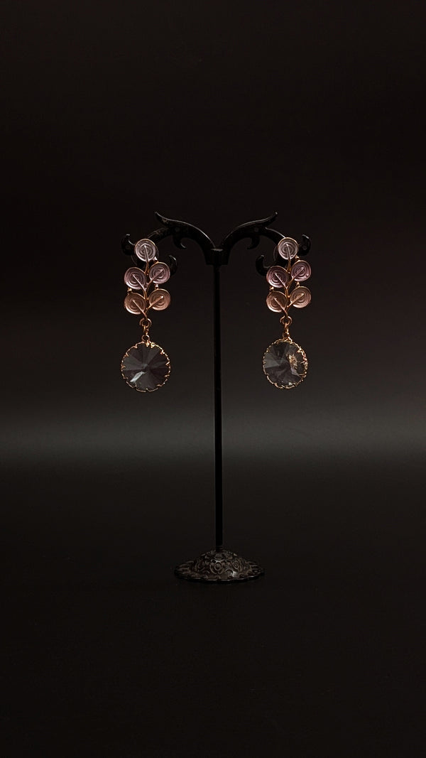 Elegant Leaf Crystal Drop Earrings – Pink & Grey