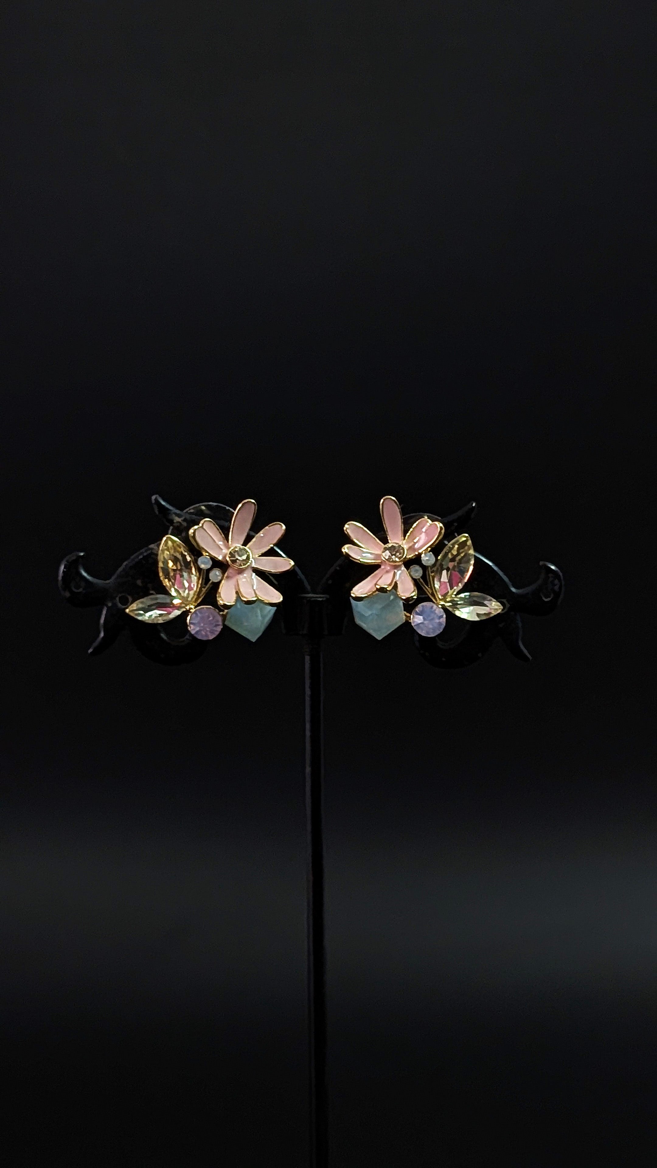 Pink Floral Crystal Stud Earrings with Pastel Stones – Elegant Daily & Party Wear