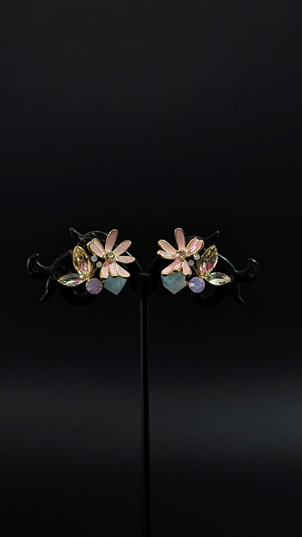 Pink Floral Crystal Stud Earrings with Pastel Stones – Elegant Daily & Party Wear