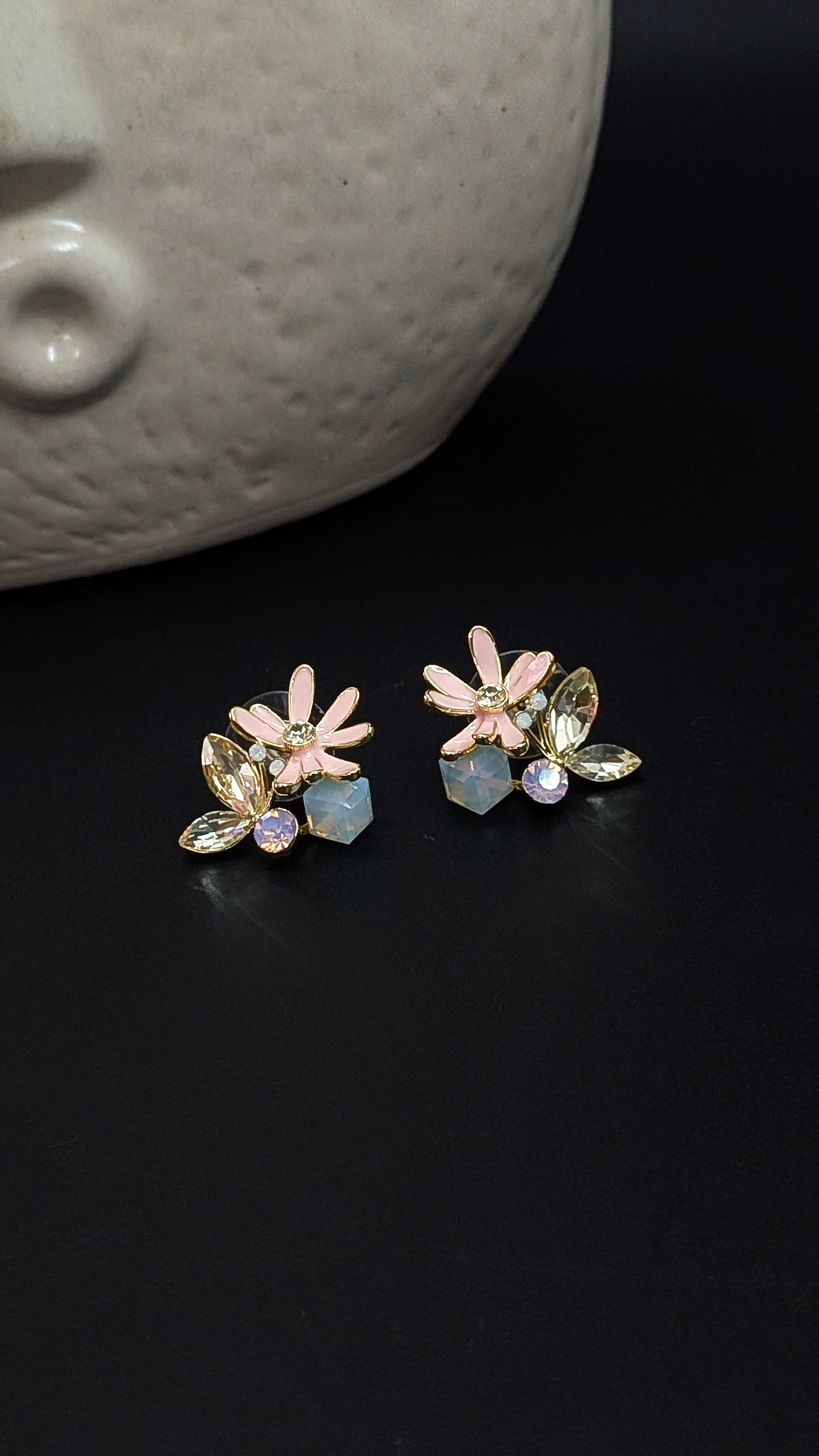 Pink Floral Crystal Stud Earrings with Pastel Stones – Elegant Daily & Party Wear