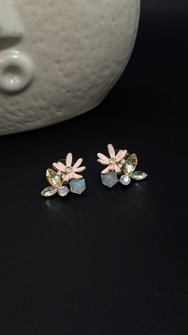 Pink Floral Crystal Stud Earrings with Pastel Stones – Elegant Daily & Party Wear