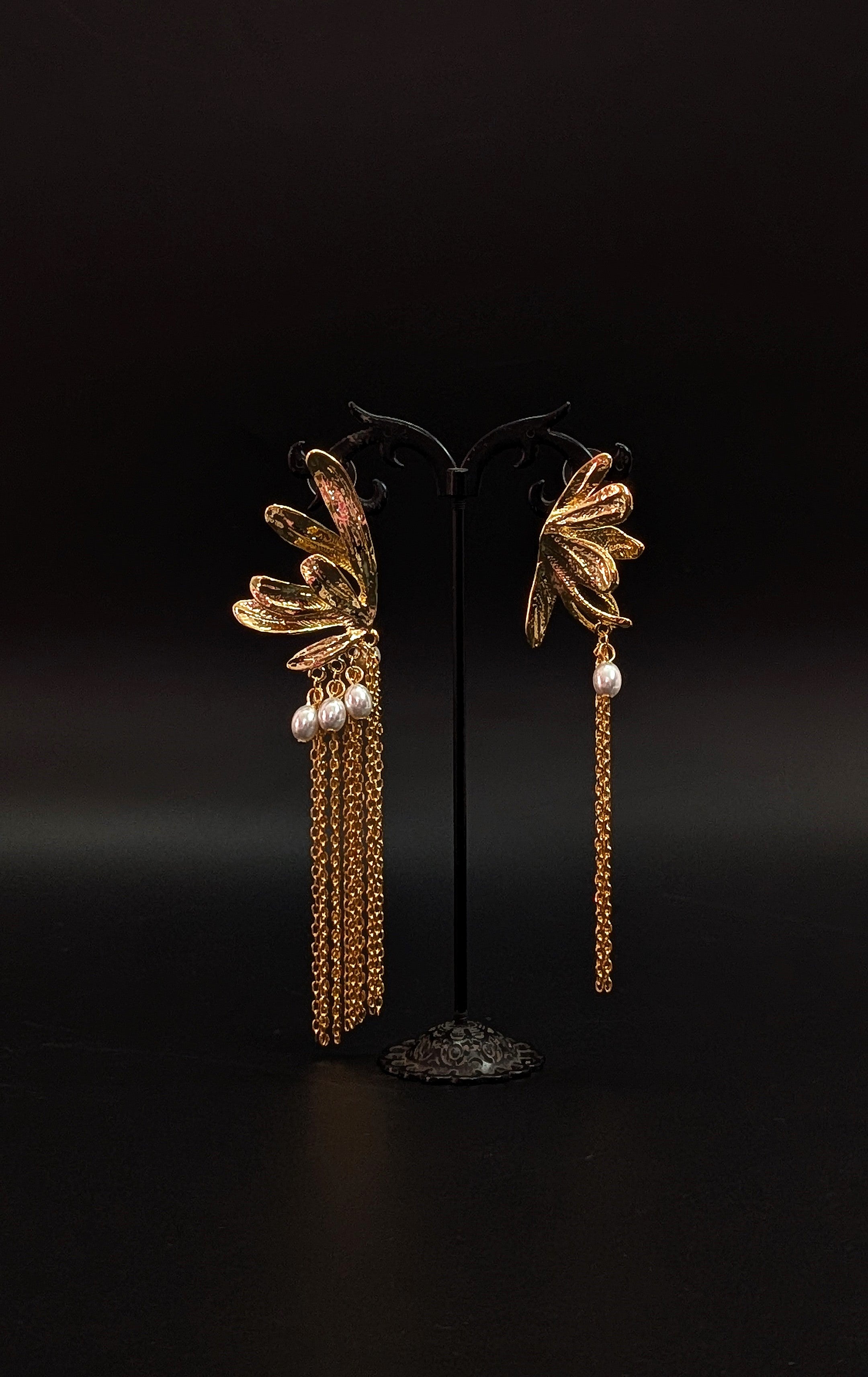 Golden Wings Drop Earrings with Pearls & Long Tassel Chains