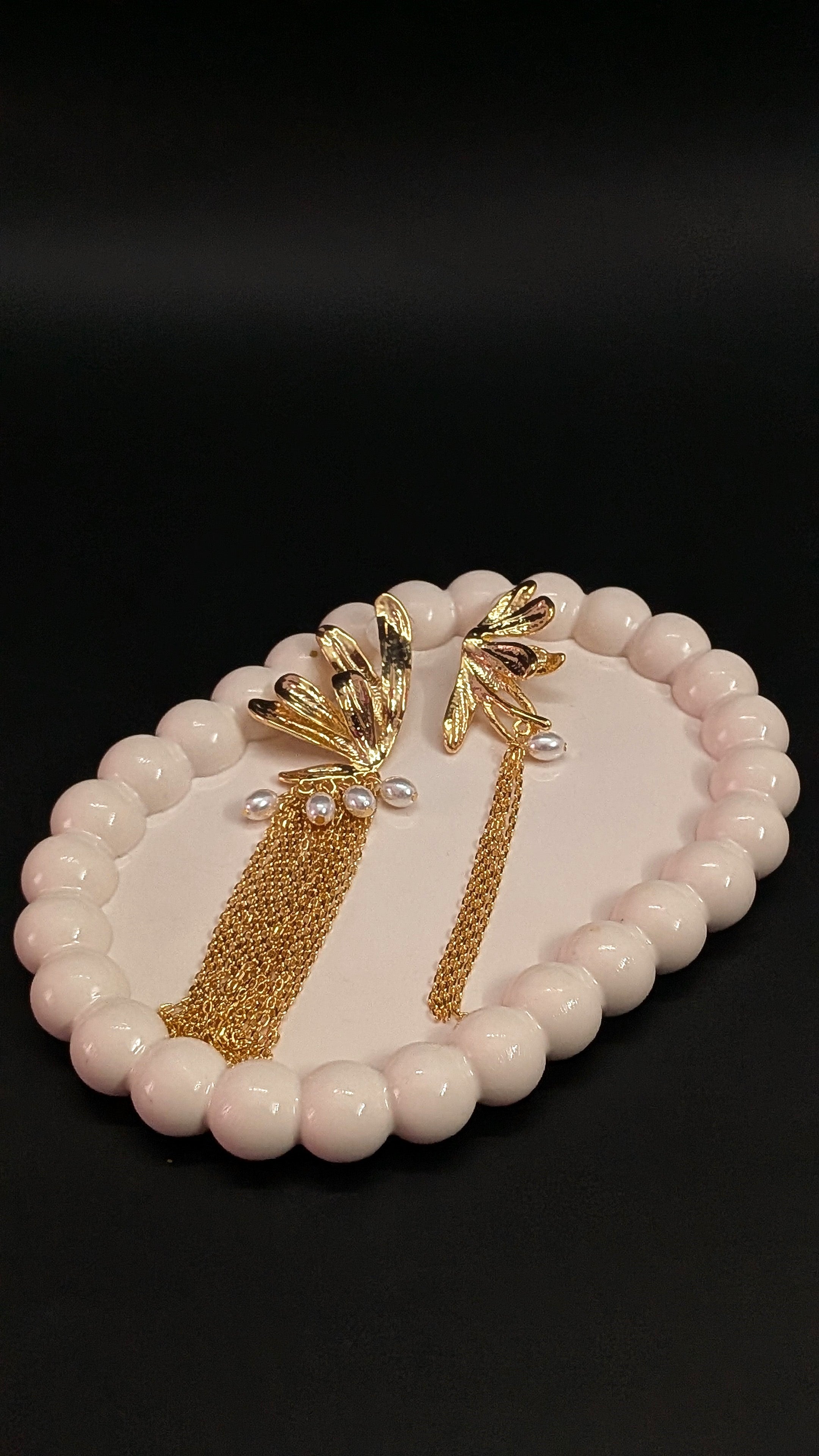 Golden Wings Drop Earrings with Pearls & Long Tassel Chains