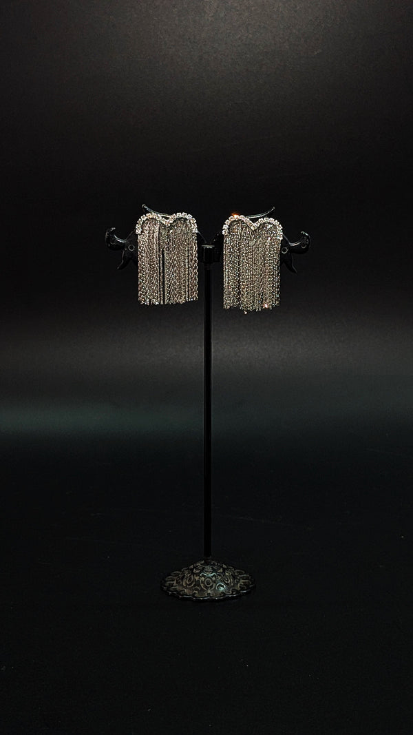 Silver Rhinestone Fringe Statement Earrings – Glamorous Party & Night Wear