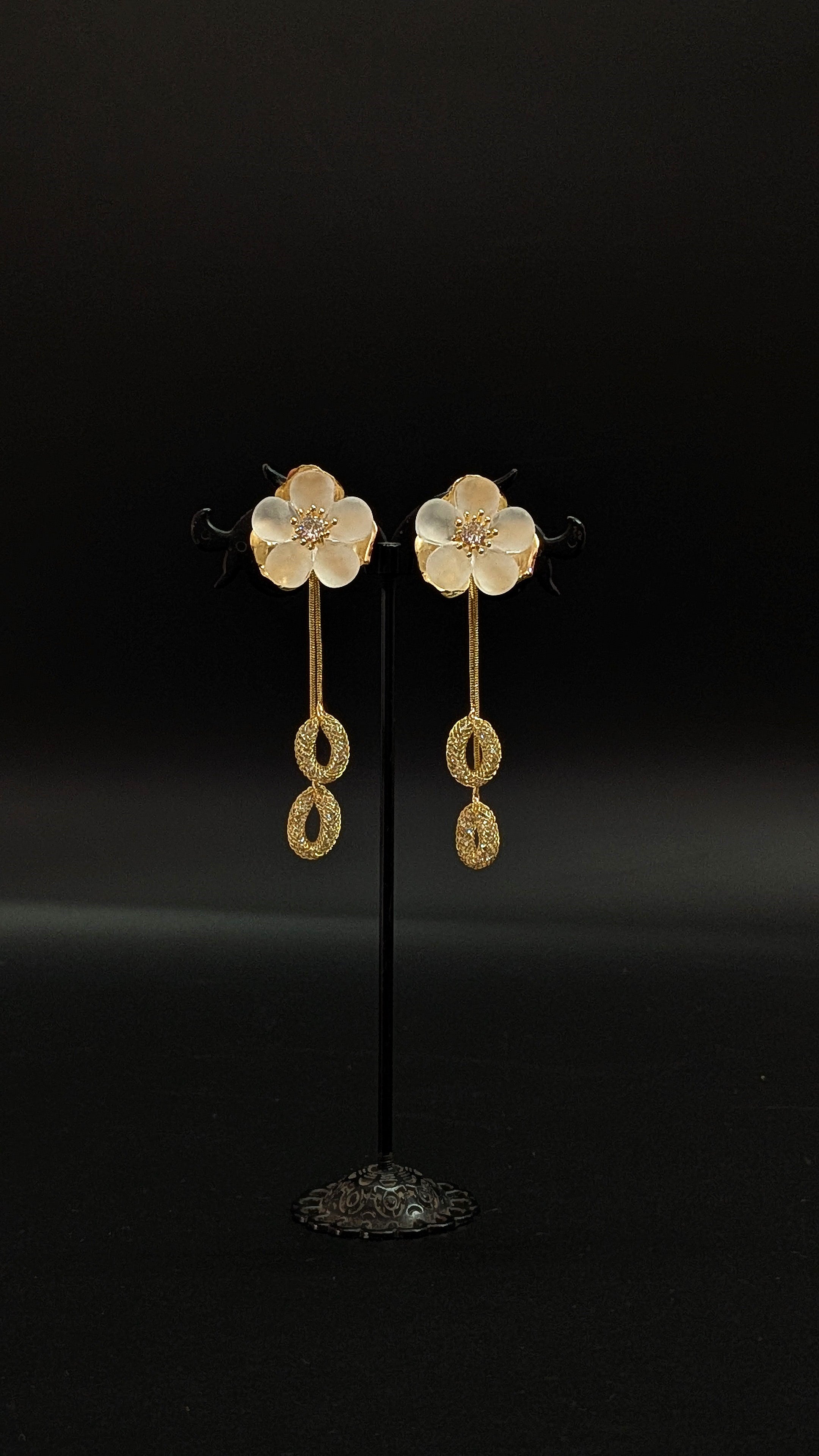 Elegant White Floral Drop Earrings with Golden Dangles