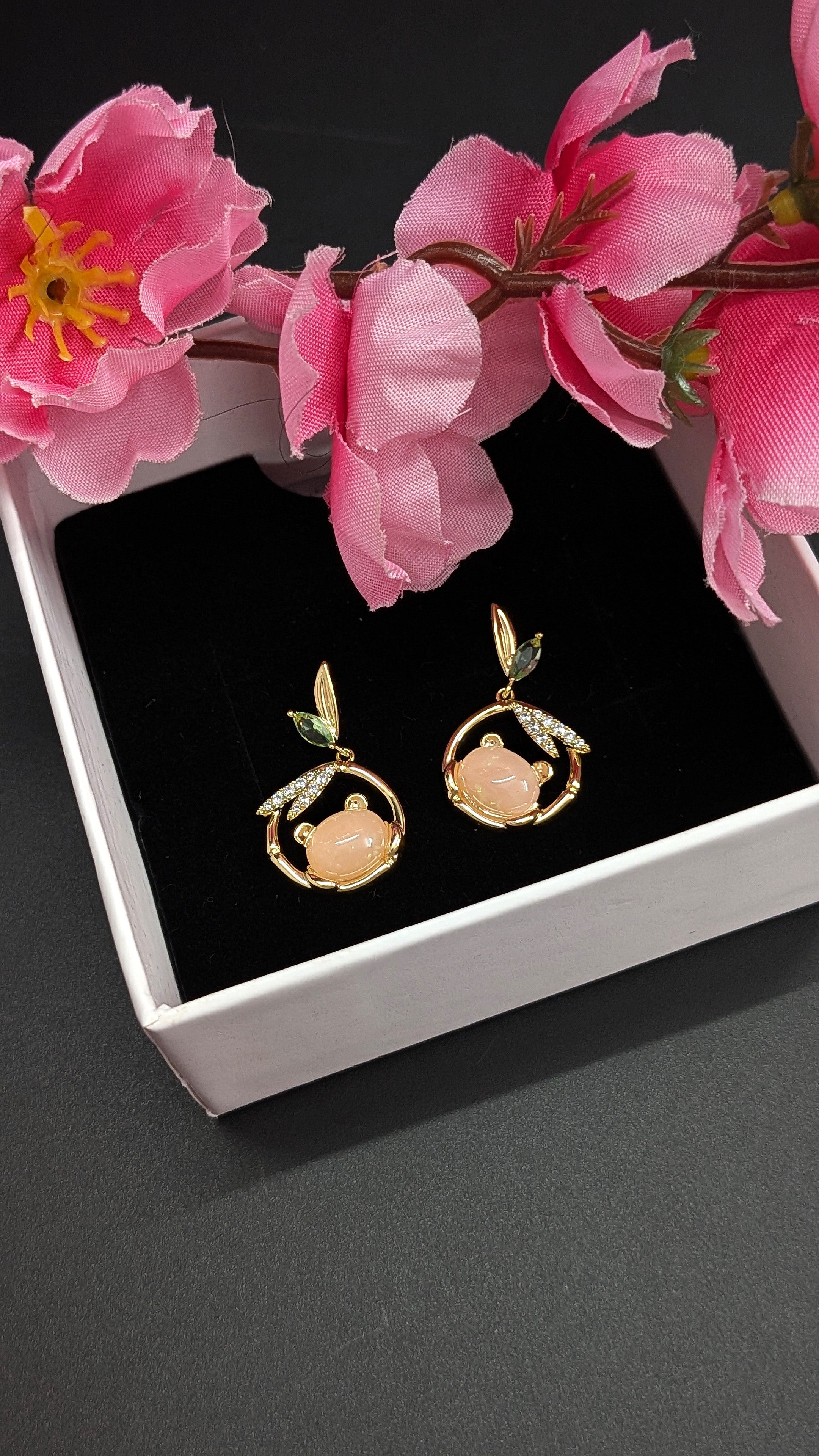 Peach Drop Bear Earrings with Green Leaf Studs