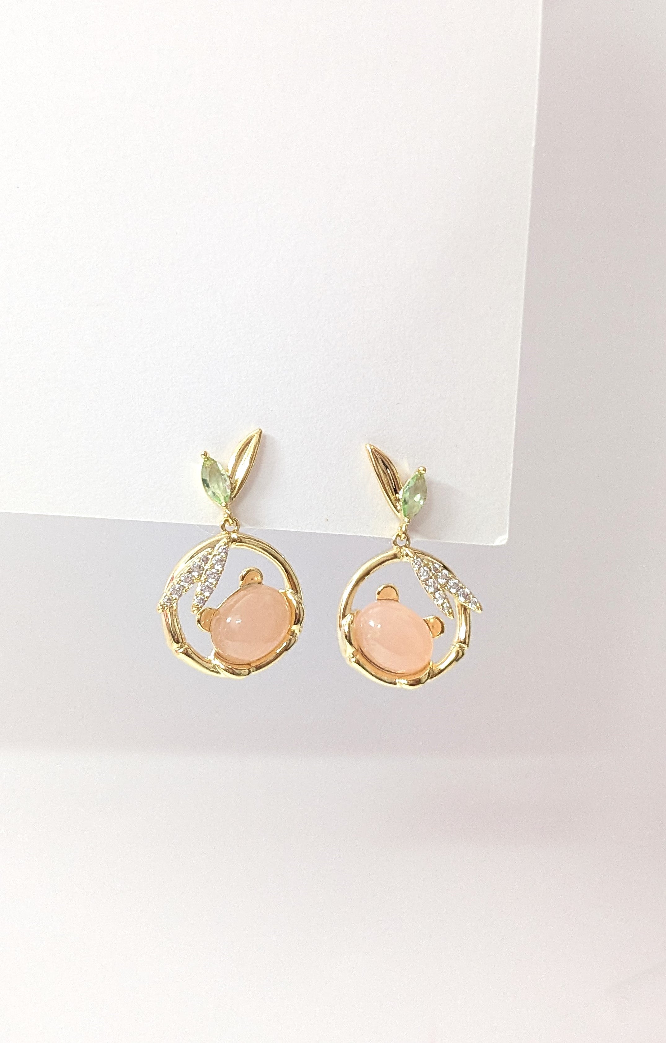Peach Drop Bear Earrings with Green Leaf Studs