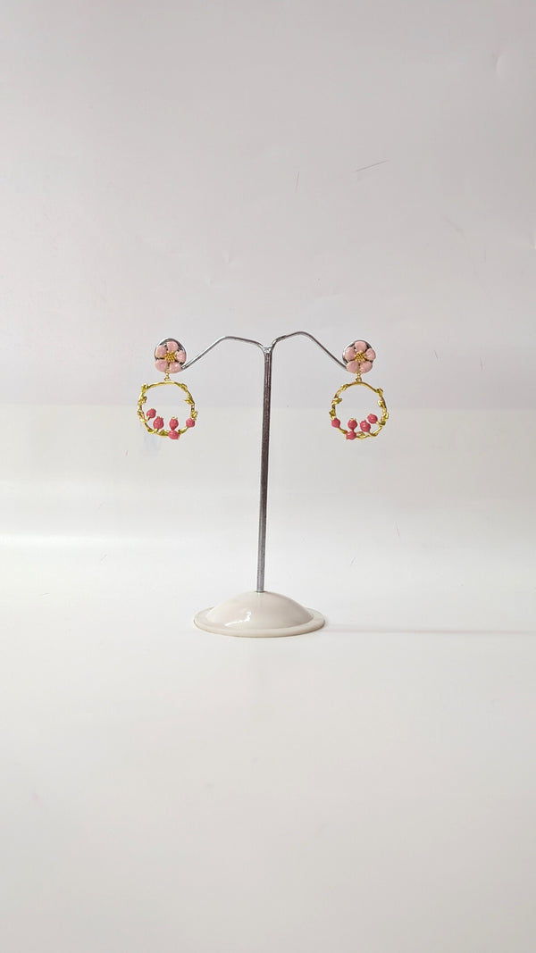 Pink Gold Dainty Floral Hoop Earrings