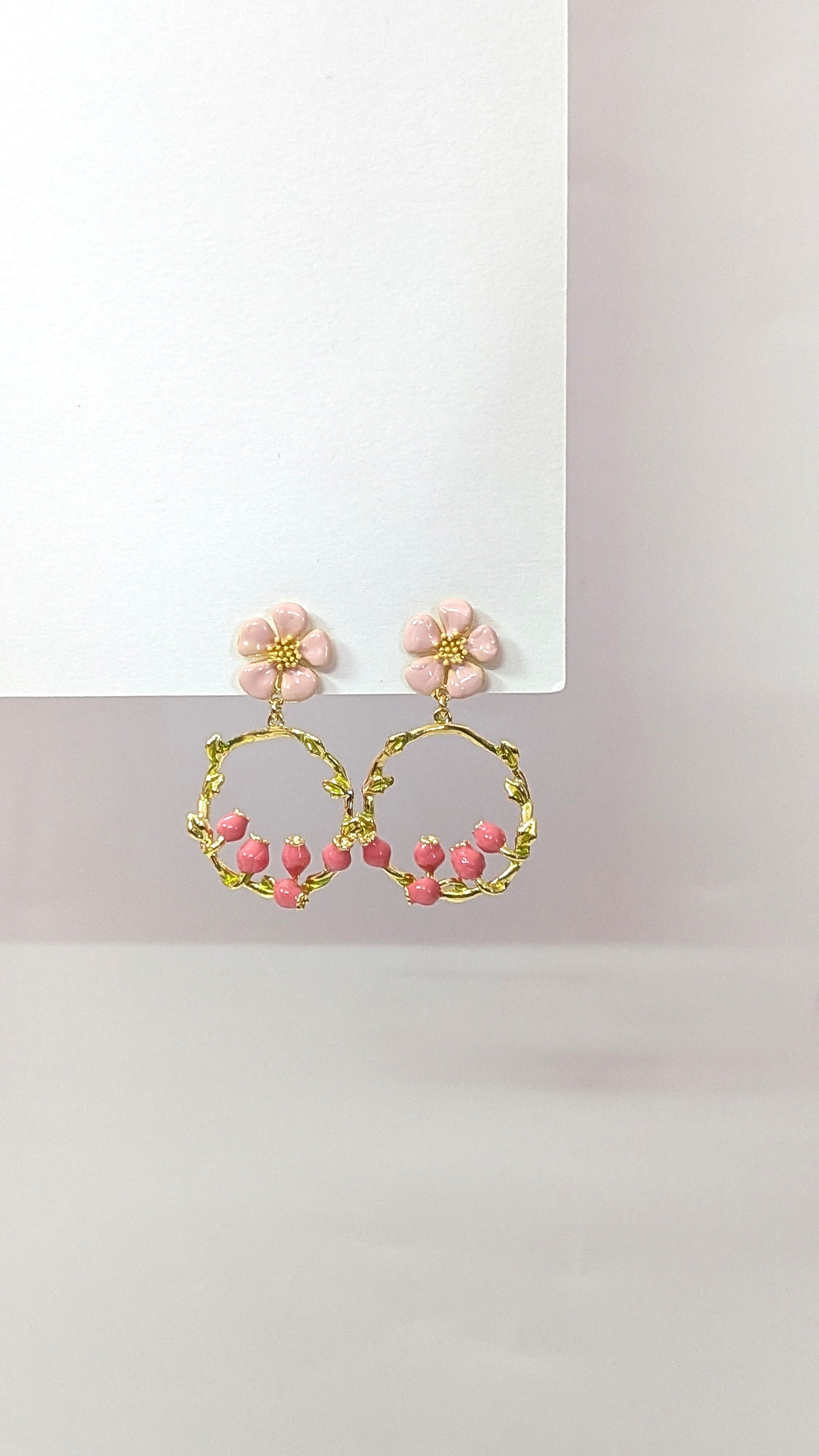 Pink Gold Dainty Floral Hoop Earrings