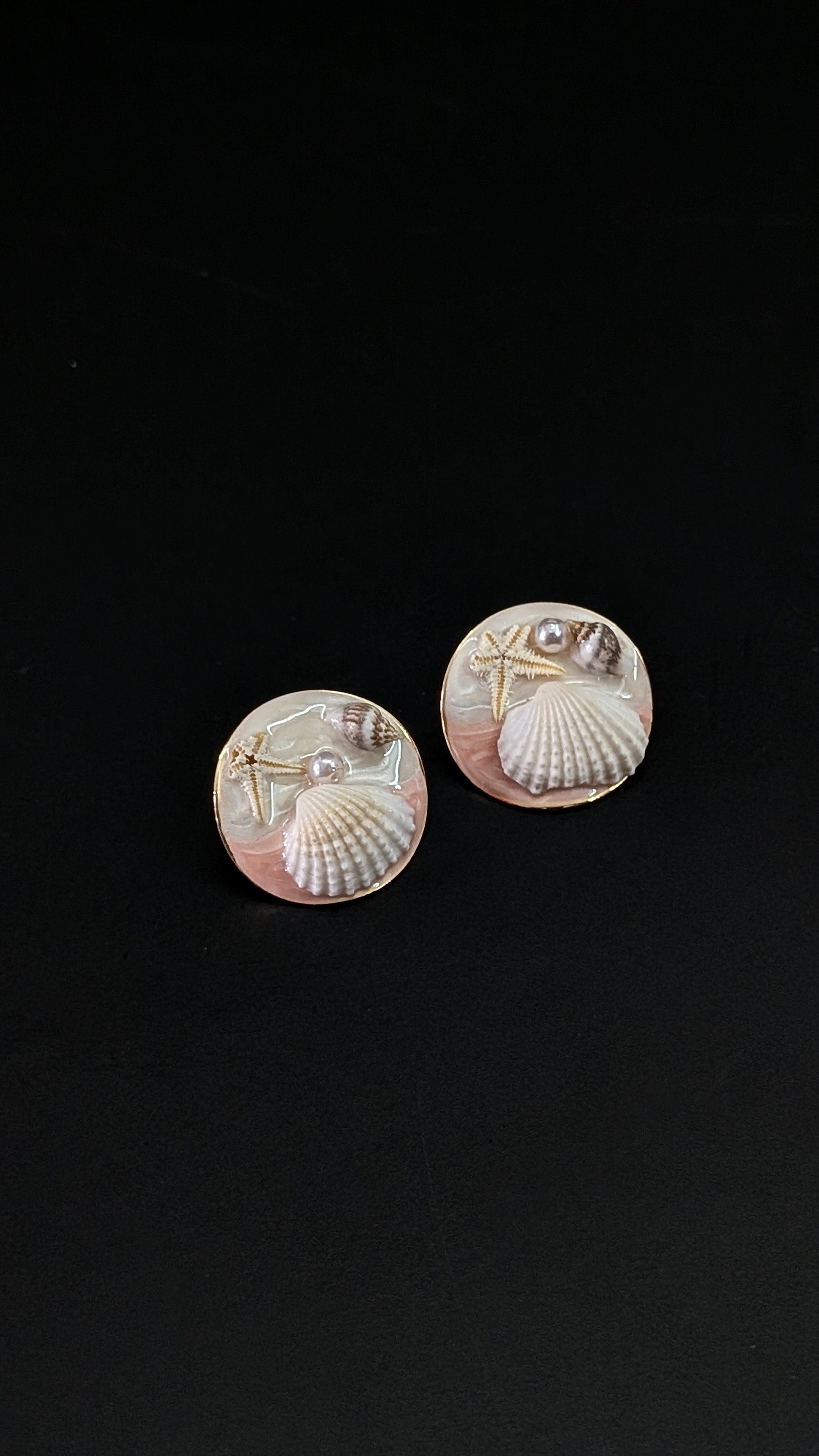 Pink Ocean-Inspired Seashell Stud Earrings with Pearl & Starfish