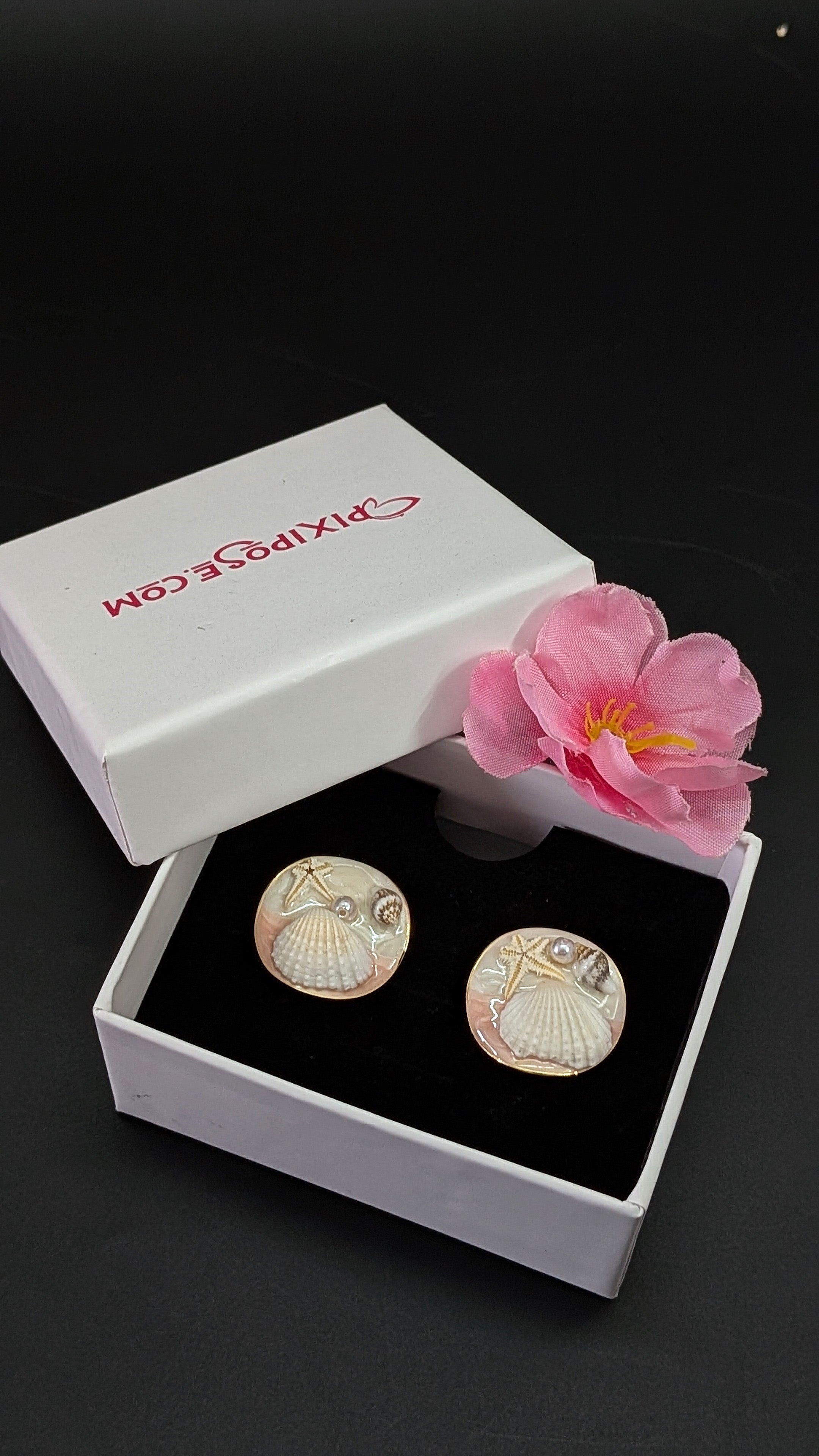 Pink Ocean-Inspired Seashell Stud Earrings with Pearl & Starfish