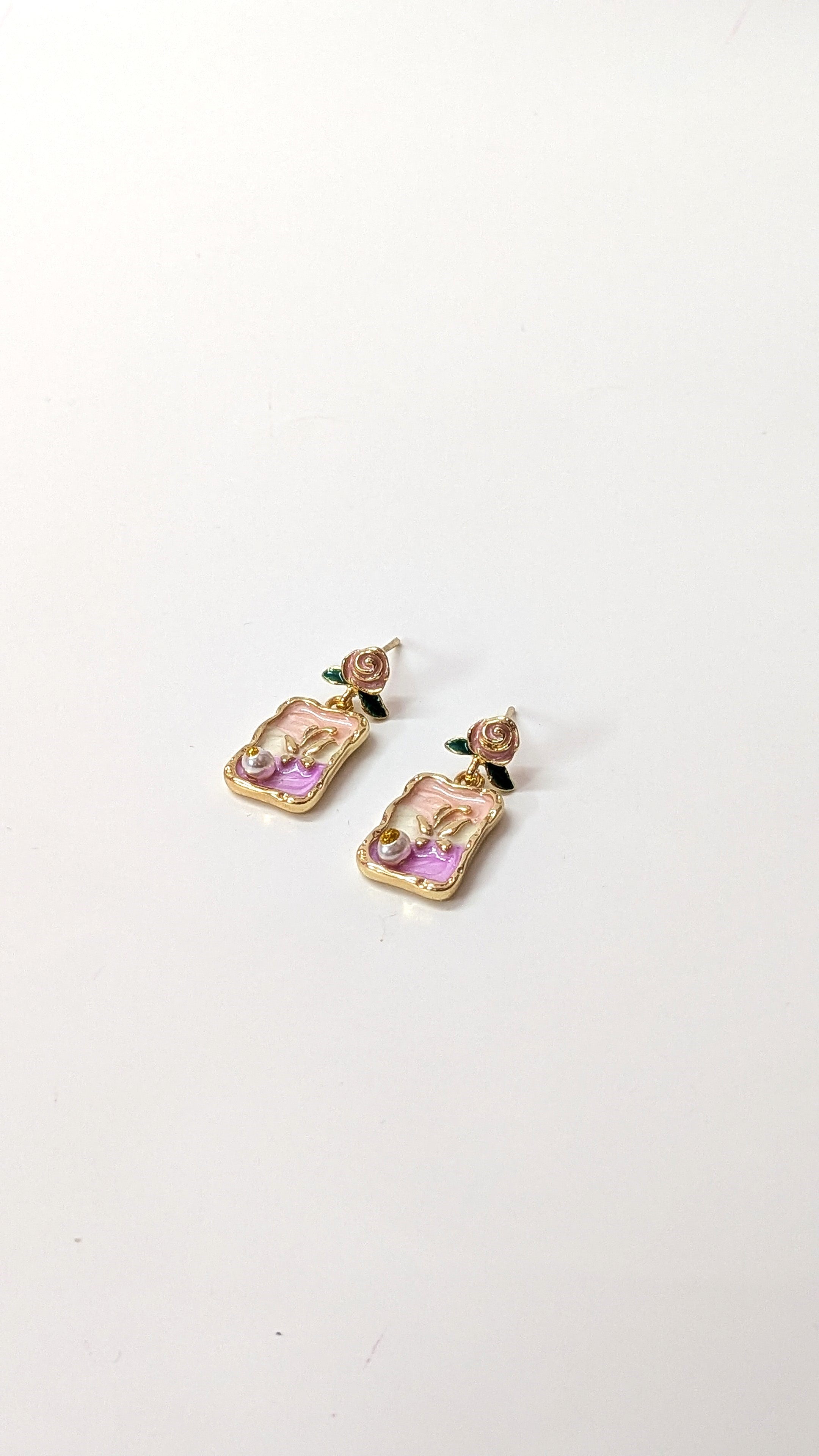 Pink & Purple Elegant Floral Enamel Vintage Drop Earrings