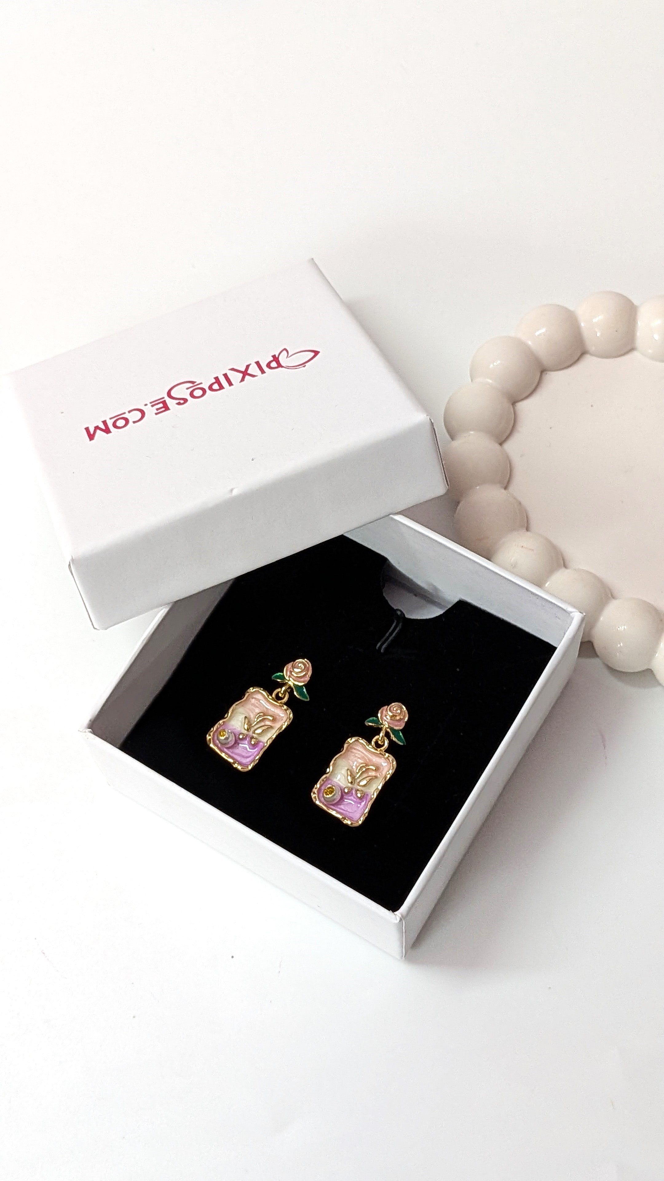 Pink & Purple Elegant Floral Enamel Vintage Drop Earrings