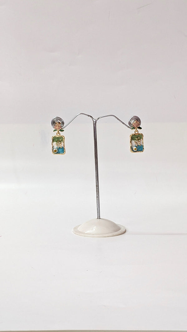 Vintage Blue Floral Rectangle Artistic Drop Earrings