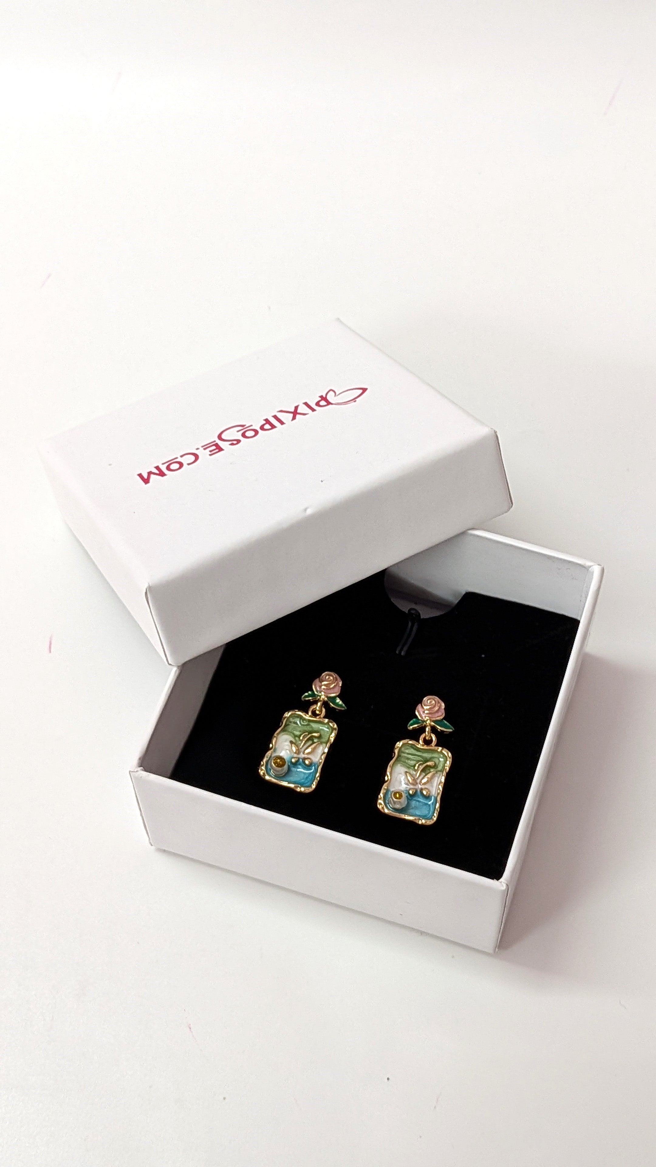 Vintage Blue Floral Rectangle Artistic Drop Earrings