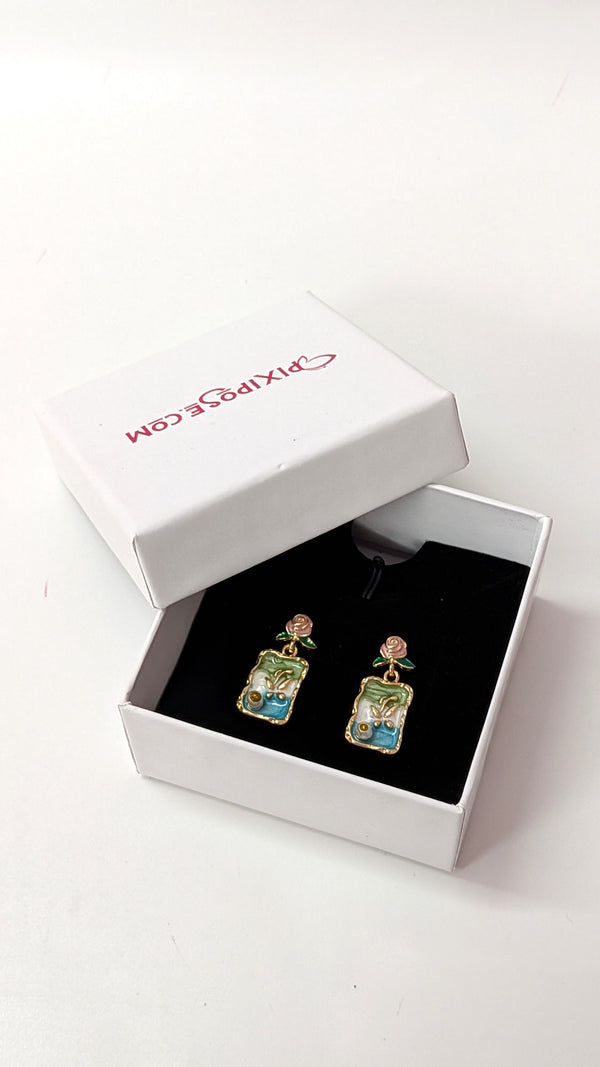 Vintage Blue Floral Rectangle Artistic Drop Earrings