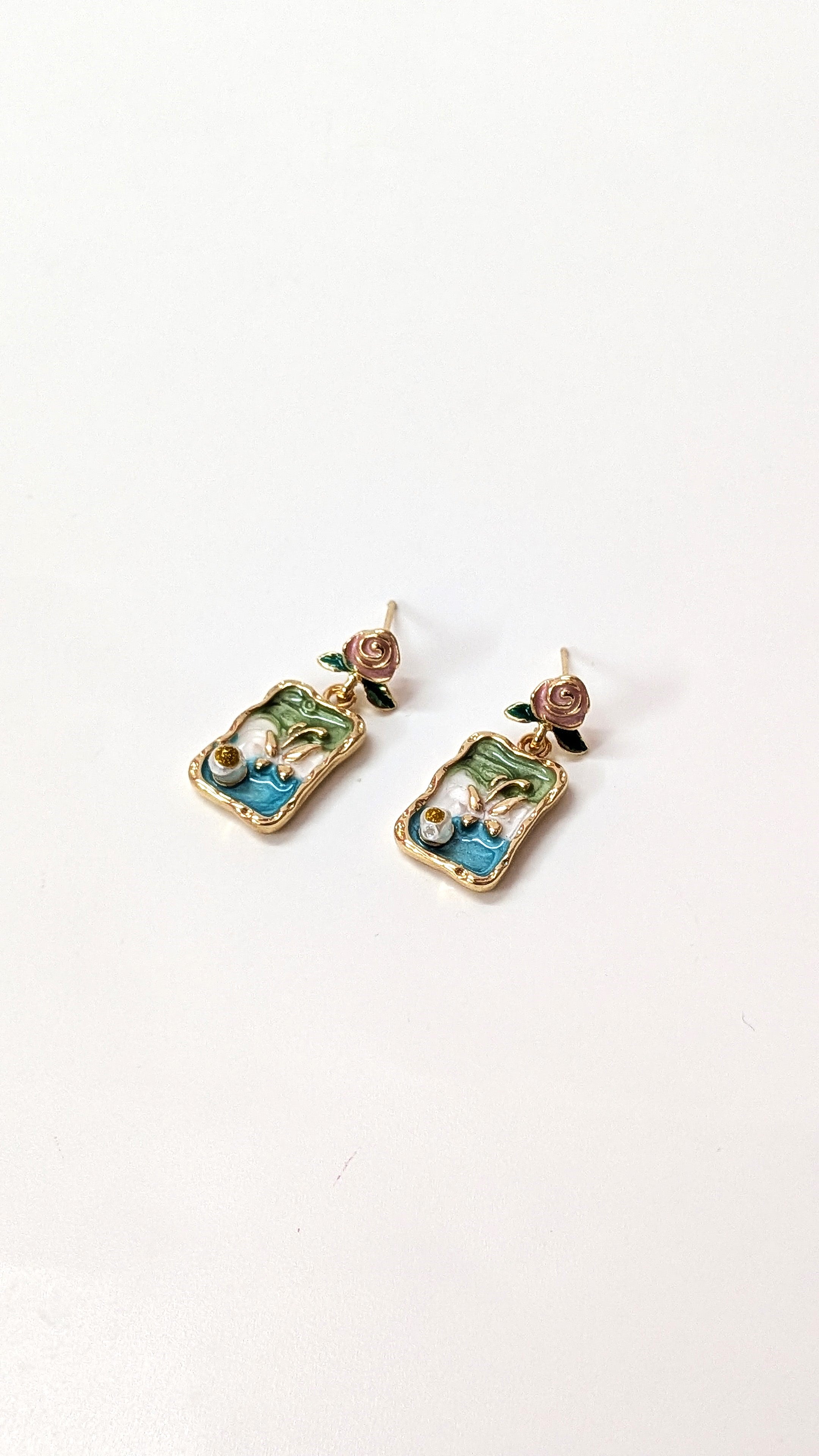Vintage Blue Floral Rectangle Artistic Drop Earrings