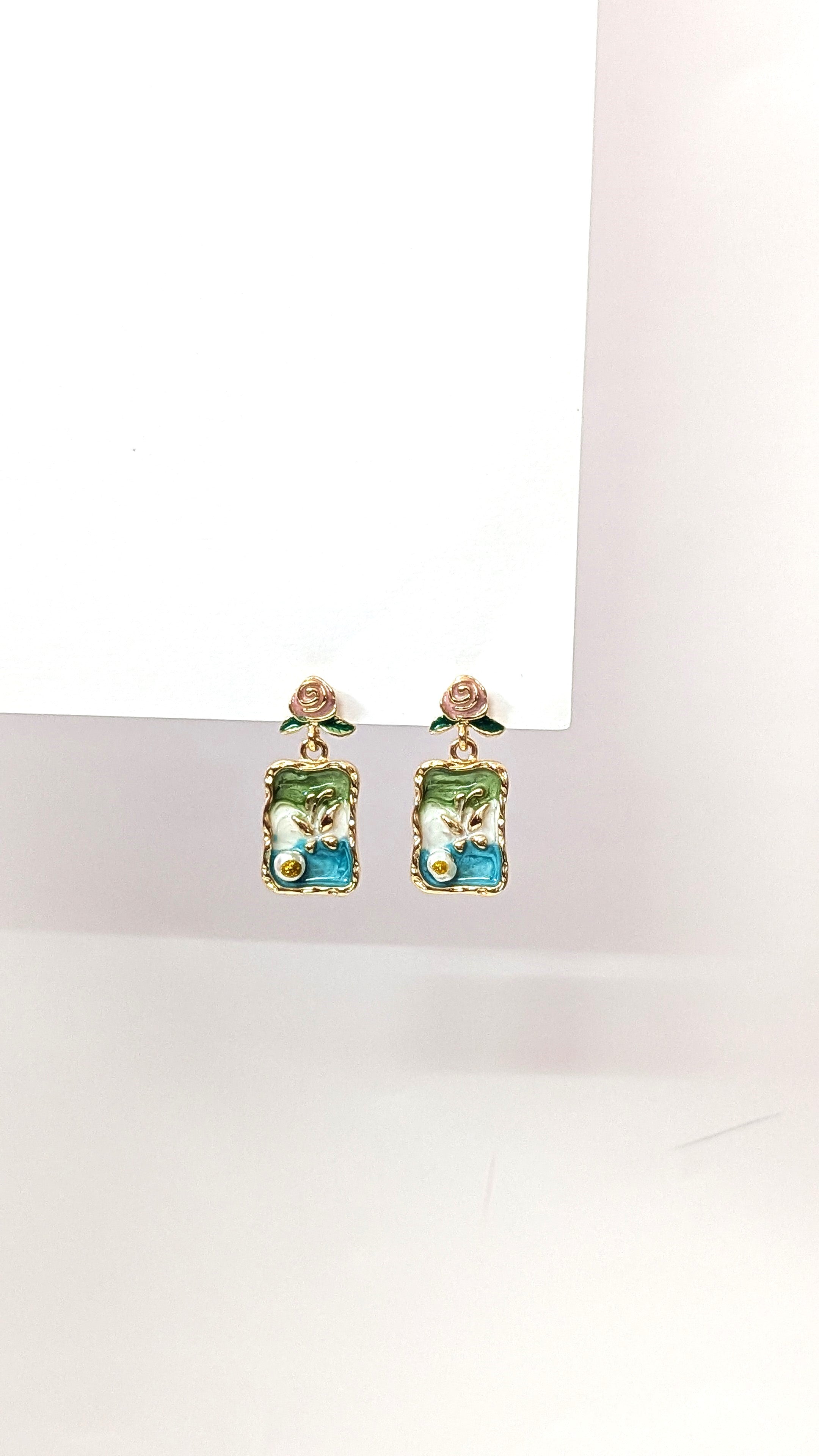 Vintage Blue Floral Rectangle Artistic Drop Earrings