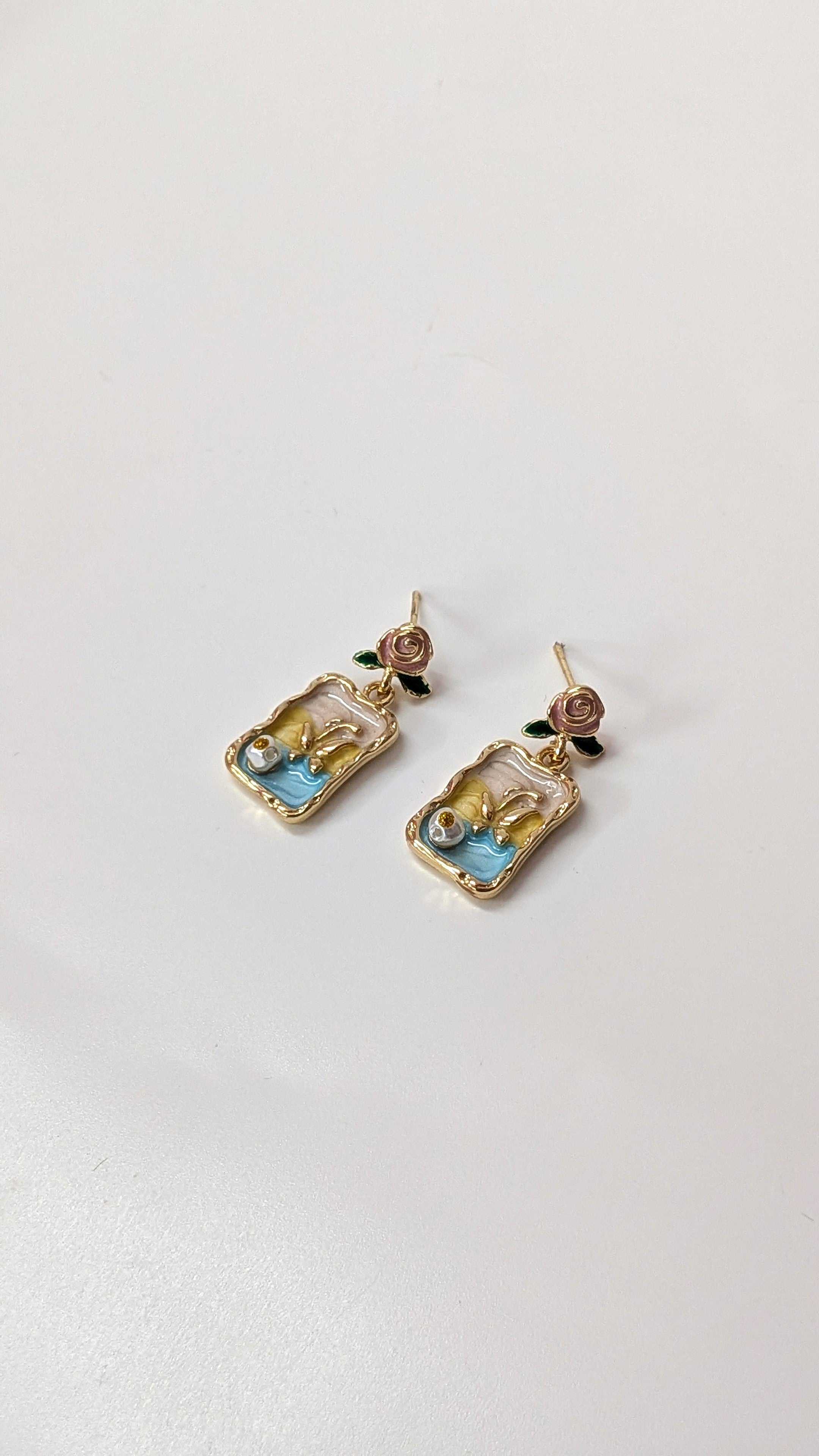Golden Vintage Rose & Blue Enamel Drop Earrings
