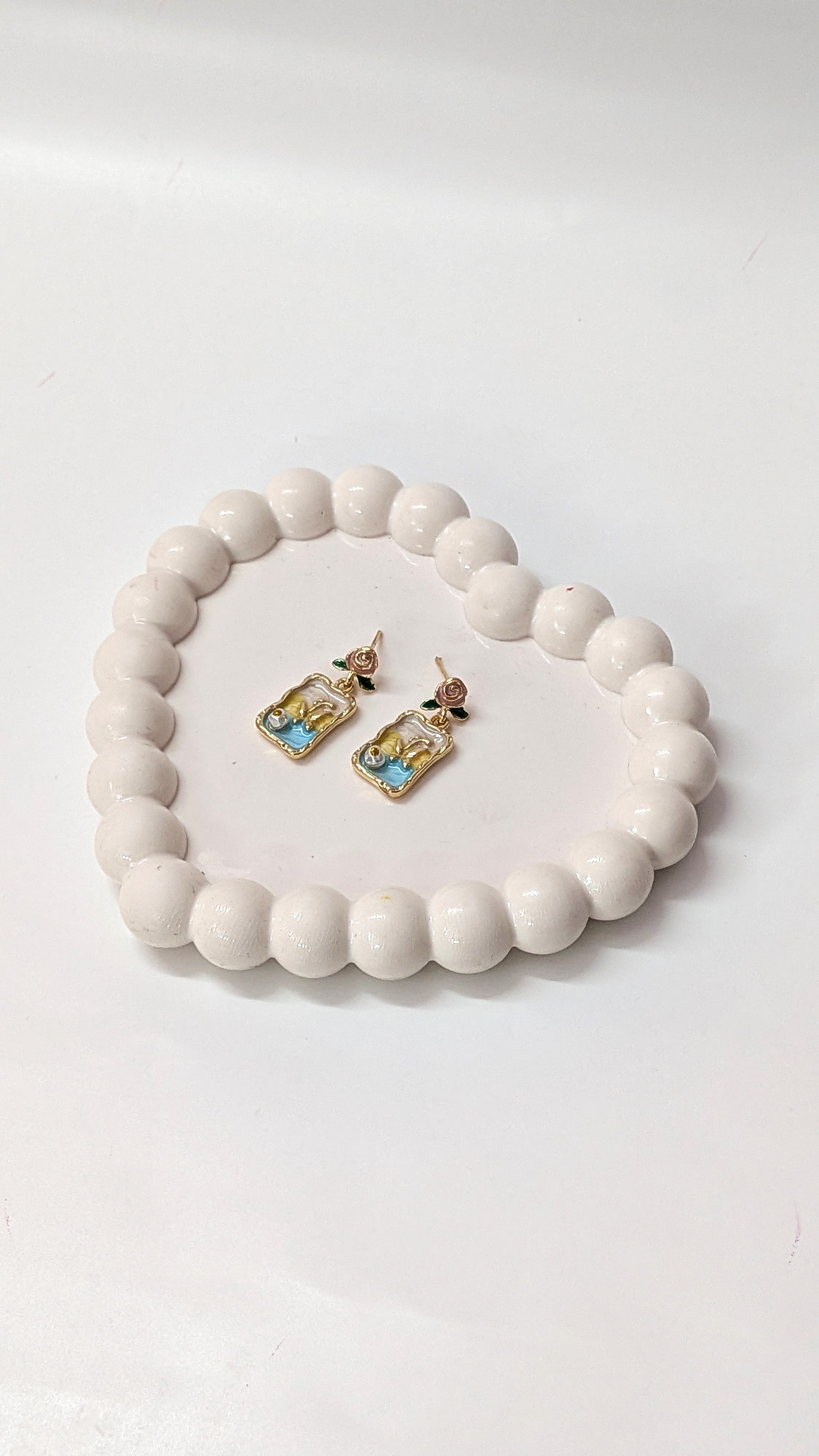 Golden Vintage Rose & Blue Enamel Drop Earrings