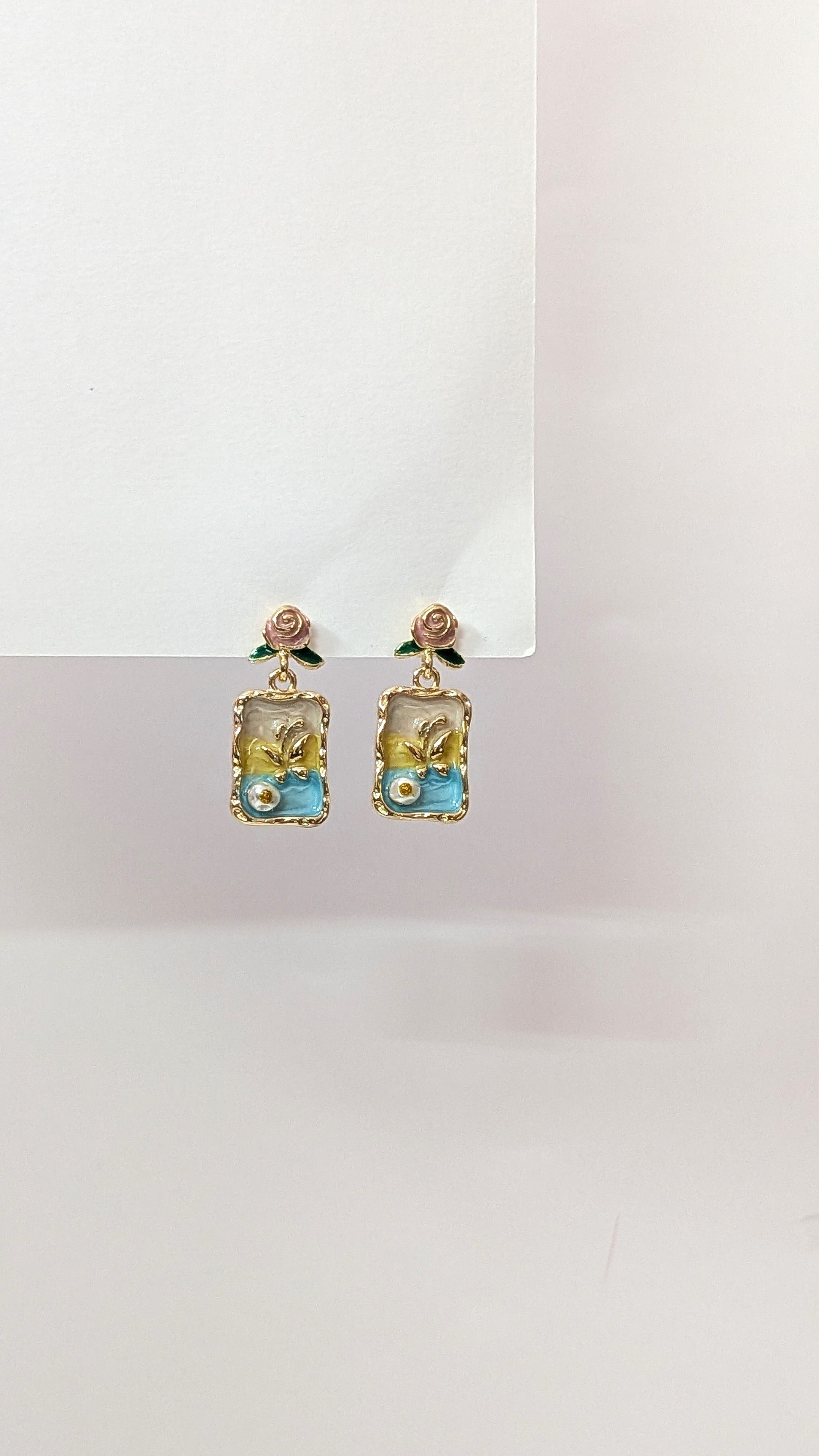 Golden Vintage Rose & Blue Enamel Drop Earrings