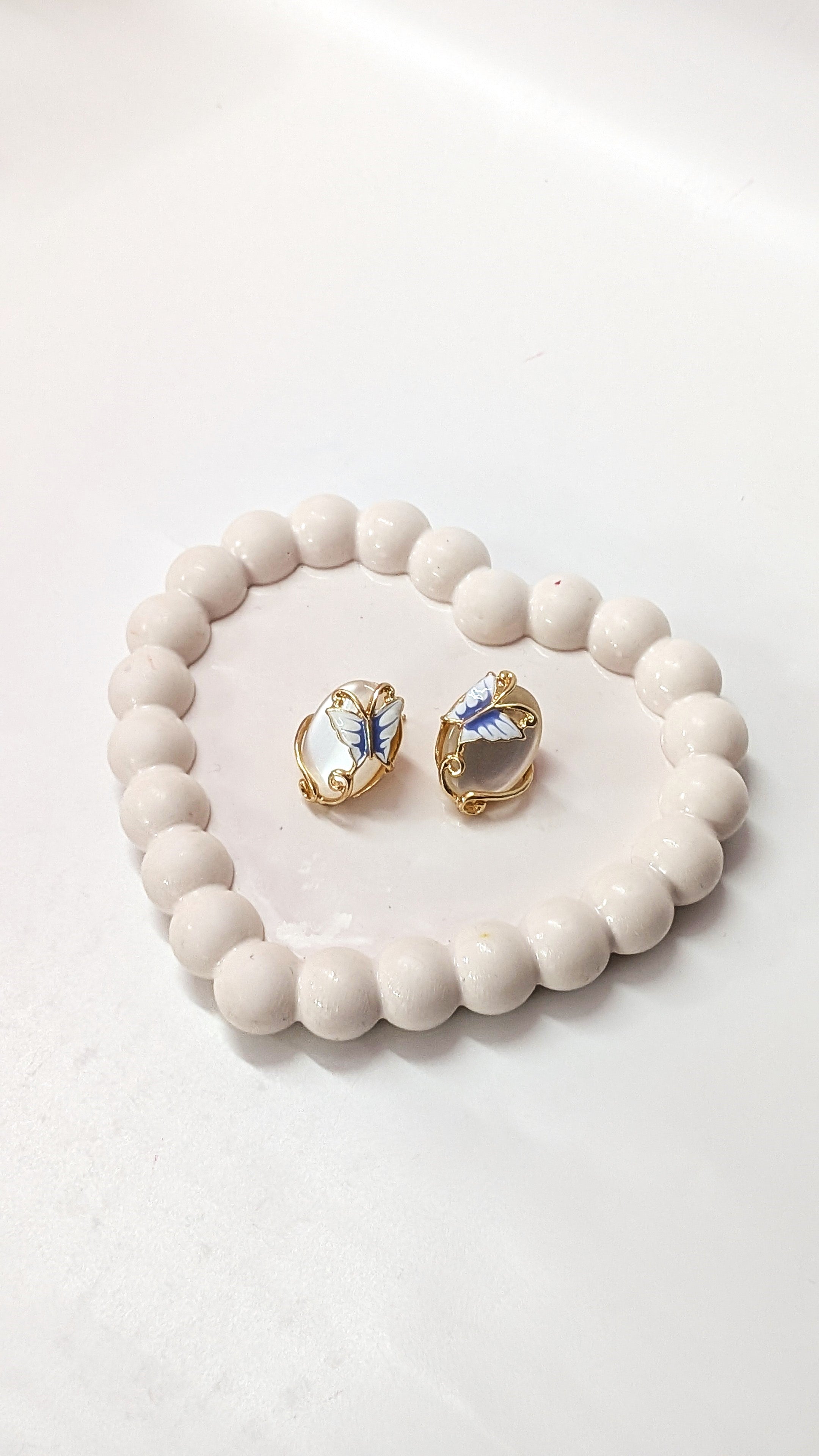 White Stone Butterfly Elegant Gold Finish Stud Earrings